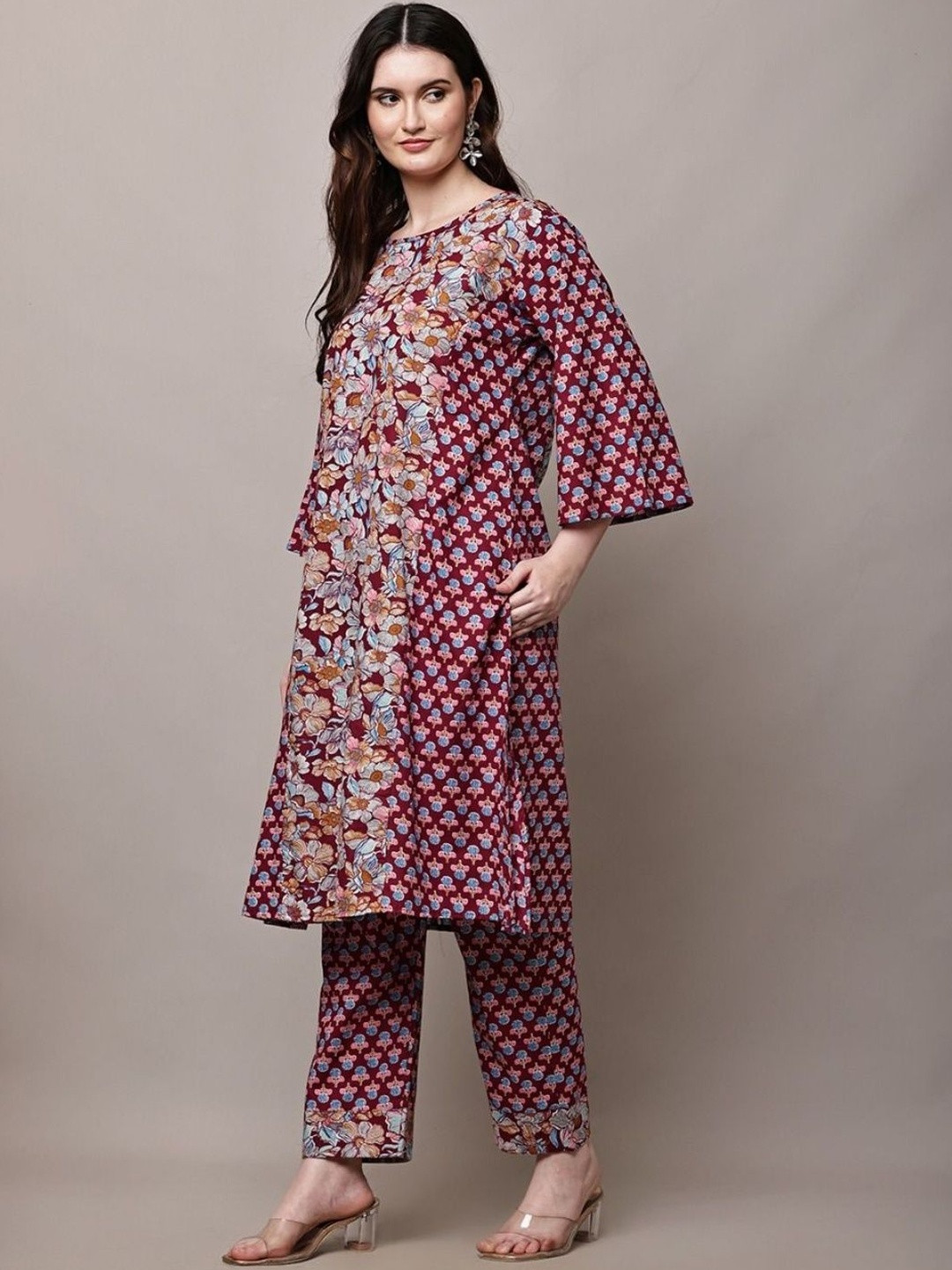 KHIMAJMAAFASHION Floral Printed Pure Cotton Round Neck A-line Kurta With Trousers