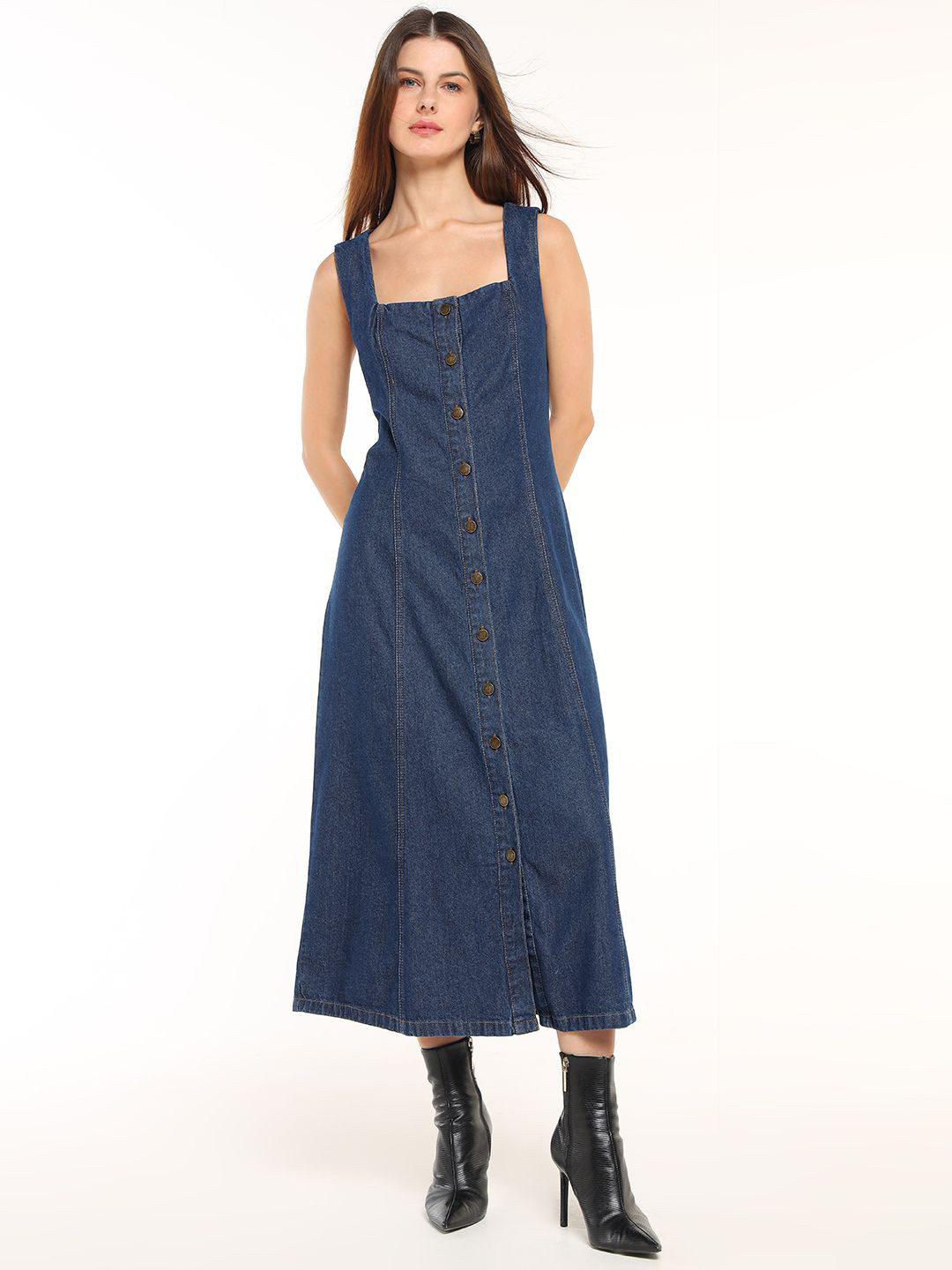 COVER STORY Women Square Neck Sleeveless Cotton Denim Fit and Flare Midi Dress