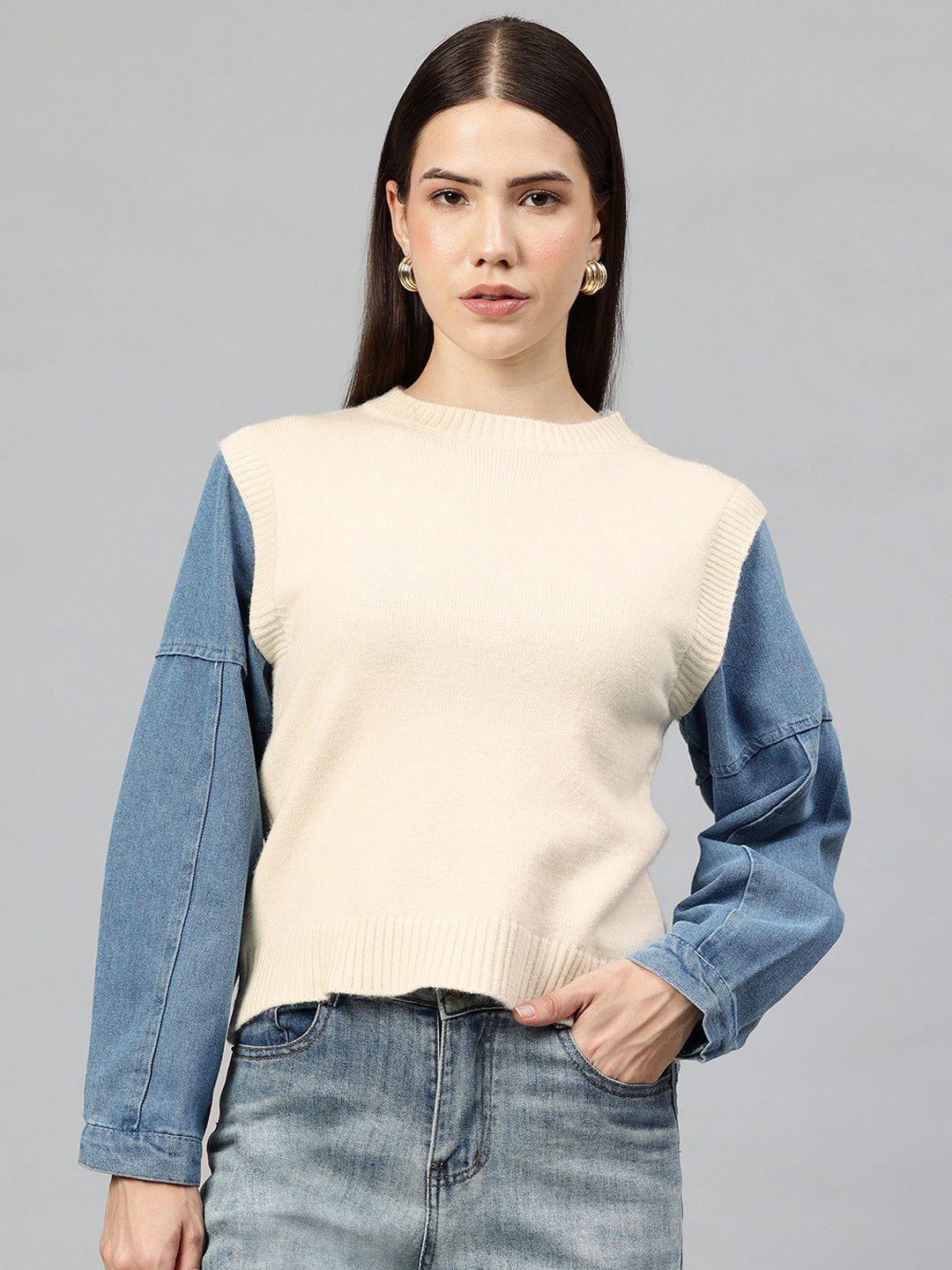 Pierre Carlo Denim Detail Paneled Pullover
