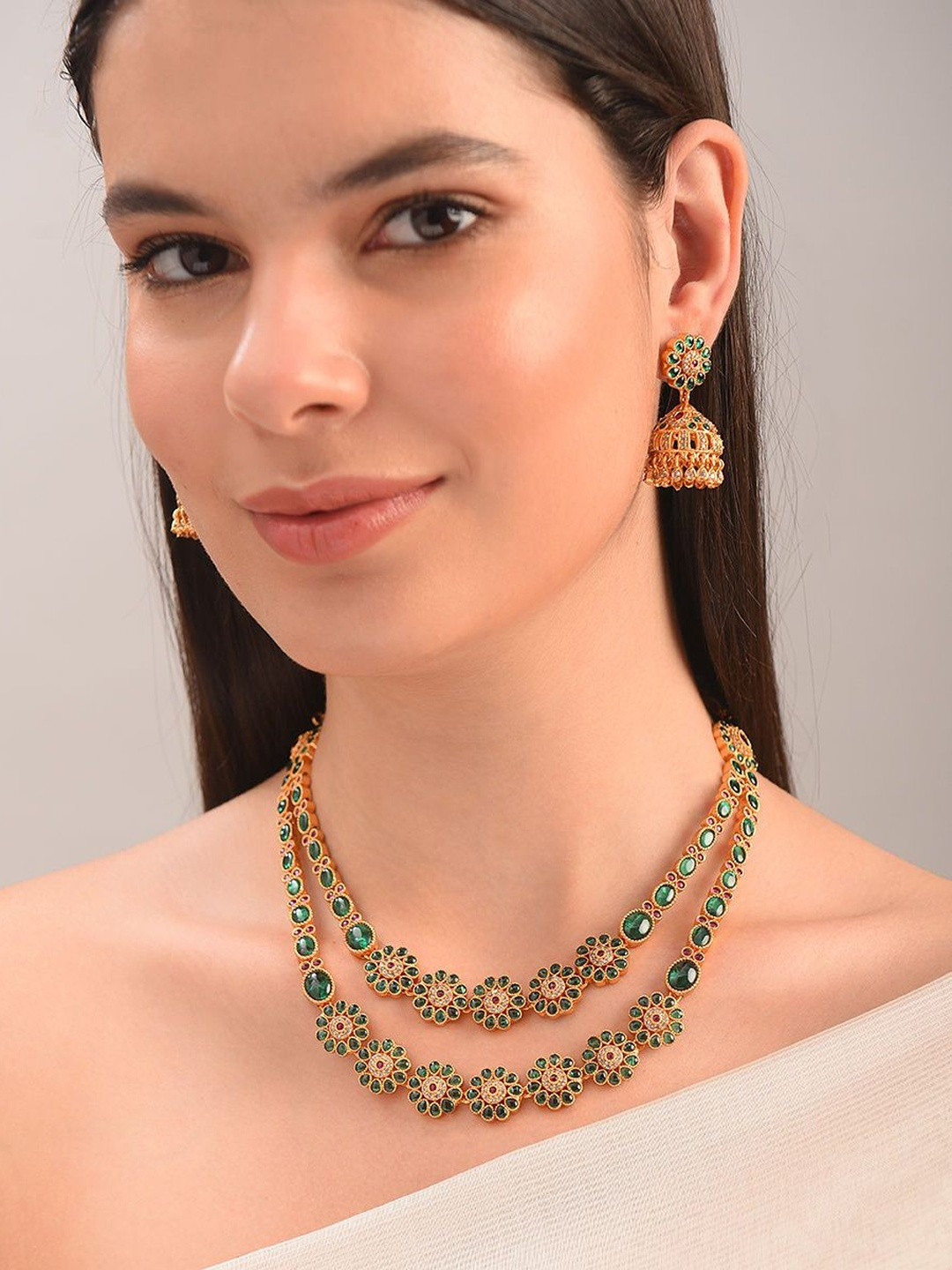 JAYPORE Gold-Plated Temple Artificial Stones Studded Temple Jewellery Set