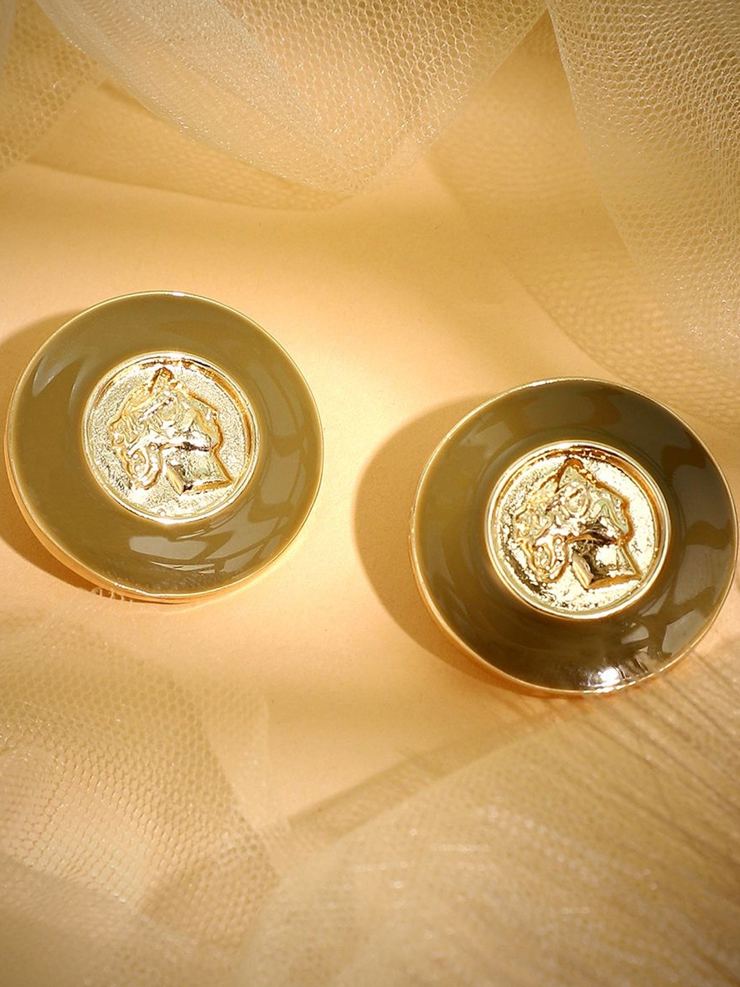 SOHI Gold-Plated The Enamel-Coin Circular Shaped Studs Earrings