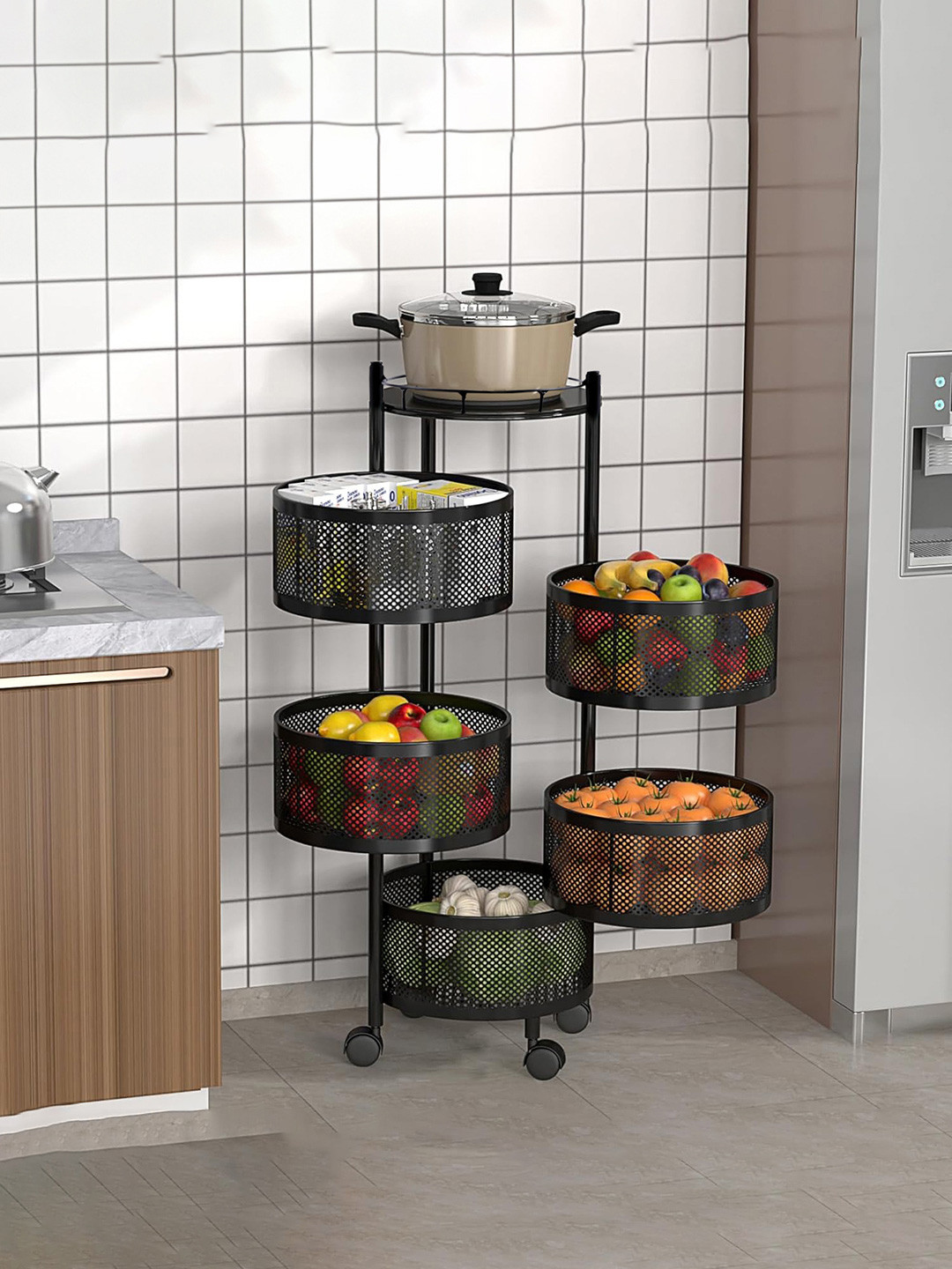 Kuber Industries 5+1 Layer Kitchen Metal Storage Rack with Wheels Black Kitchen Trolley
