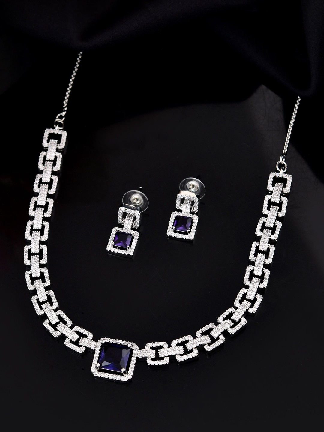 Anouk Silver Platd Geomatrical Shaped CZ Stones Studded Jewellery Set