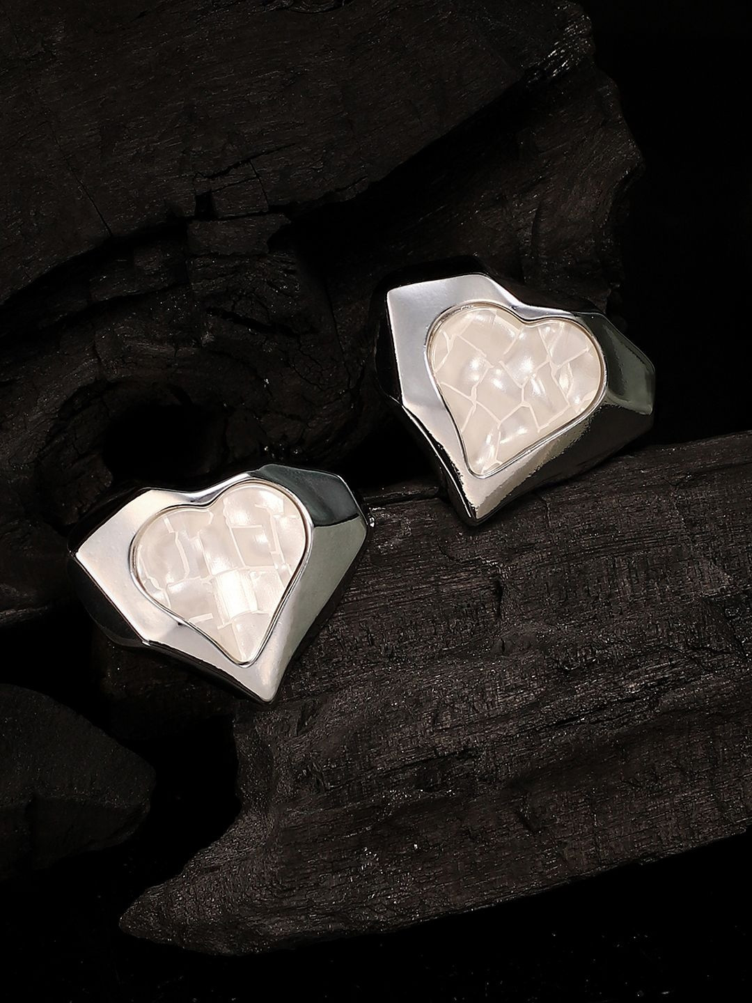 SOHI The Coeur-Edge Abstract Heart Shaped Silver-Plated Stud Earrings