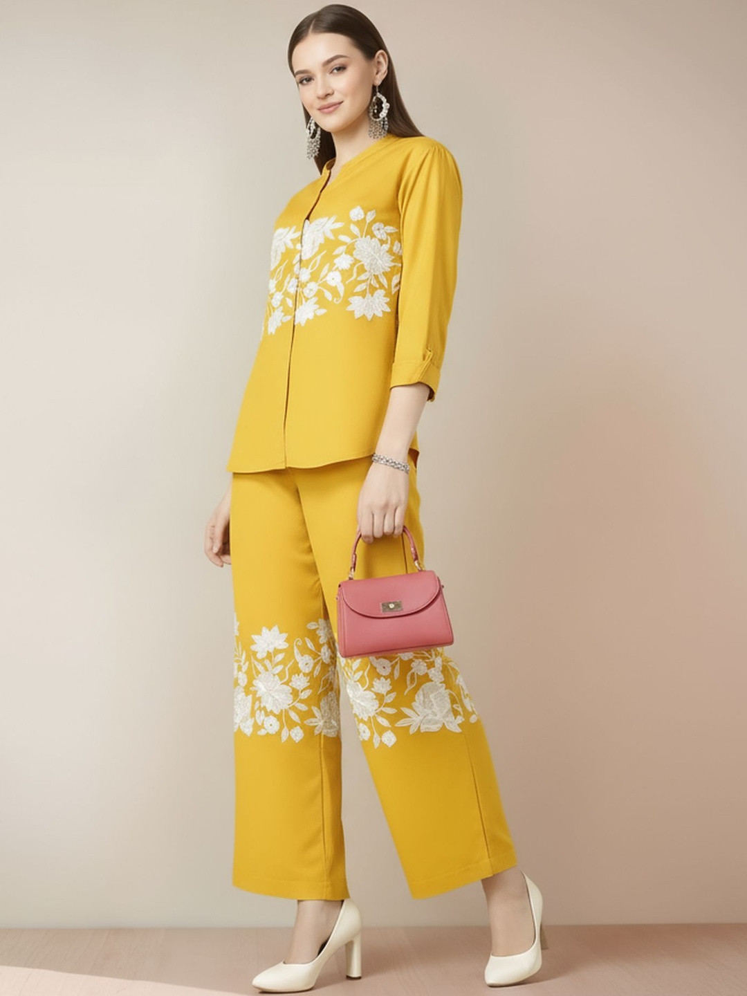 Tzelynn Women Yellow  Pure Cotton Prineted Tunic With Pants Co-ord Set