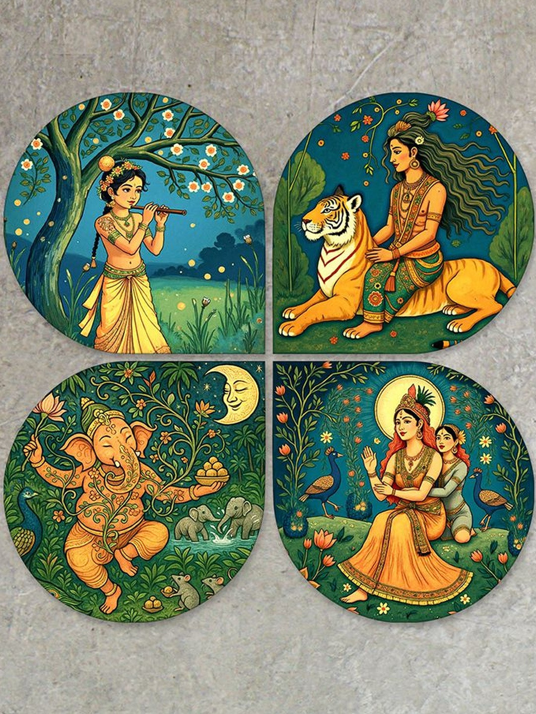 ArtVibes Green & Yellow 4 Pieces Spiritual Printed Wooden Decorative Wall Hangings