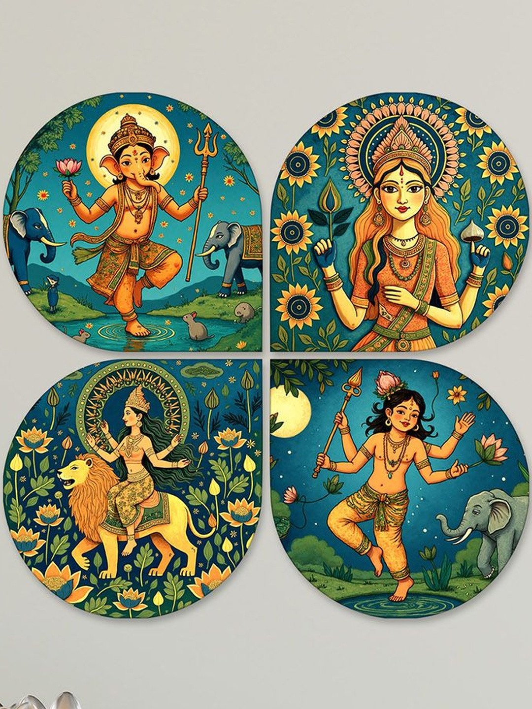 ArtVibes Blue & Orange Colored 4 Pieces Spiritual Gods Printed Wooden Wall Decors