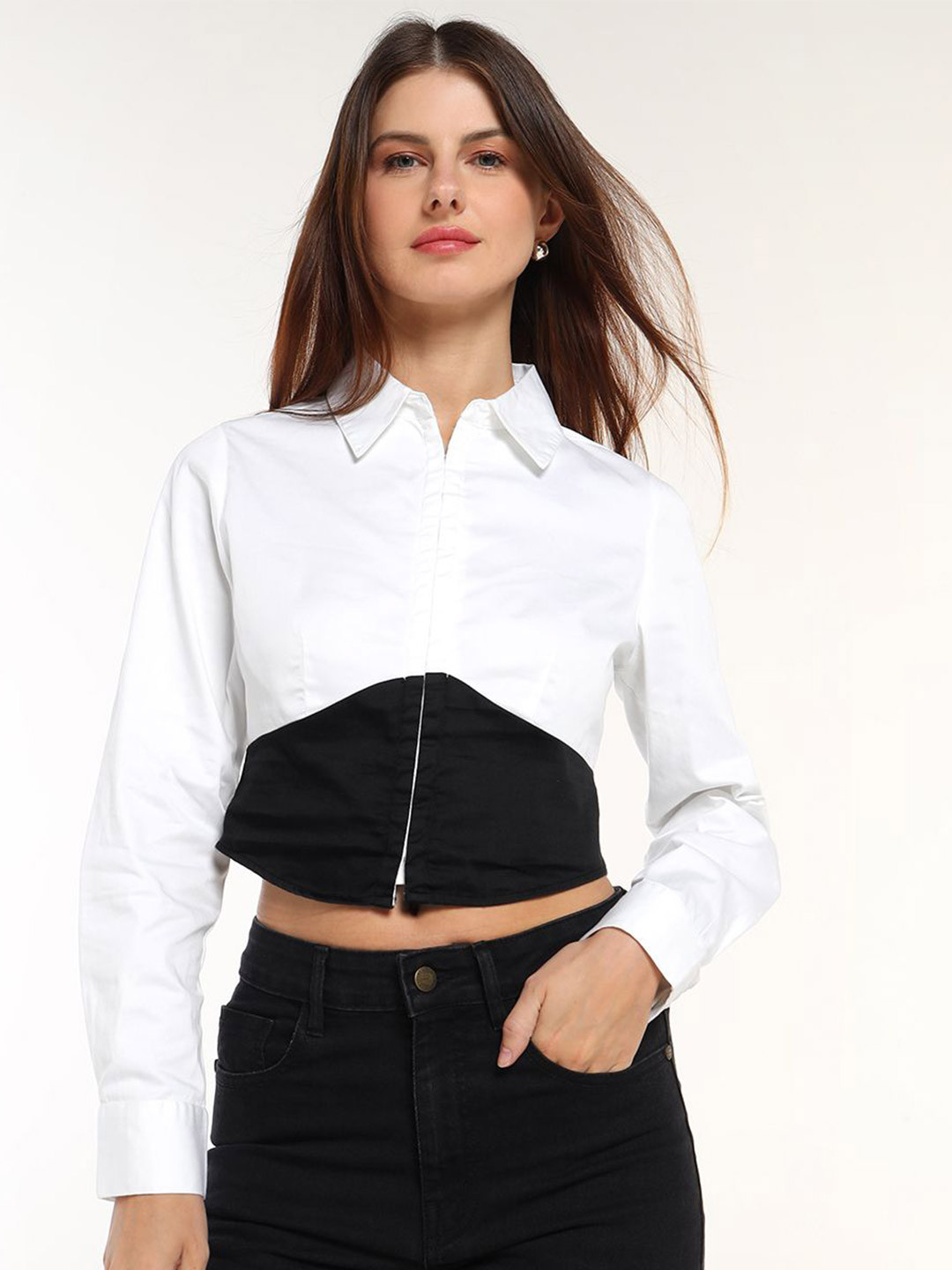COVER STORY Women Boxy Fit Colourblocked Spread Collar Pure Cotton Casual Shirt