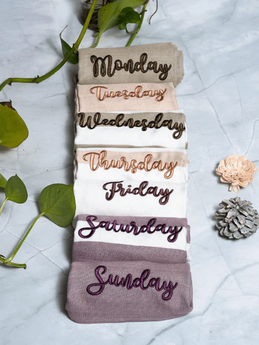 DEBAANS Set of 7 Beige & White Striped Weekday Embroidery 120 GSM Bamboo Hand Towel