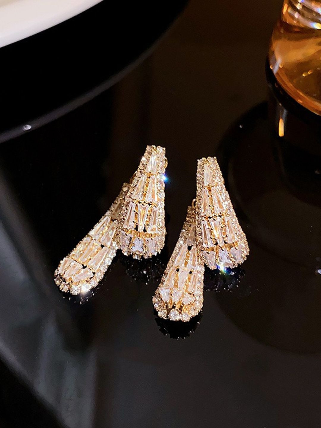 FIMBUL Gold-Plated Baguette & Pave Crystals Teardrop Drop Earrings