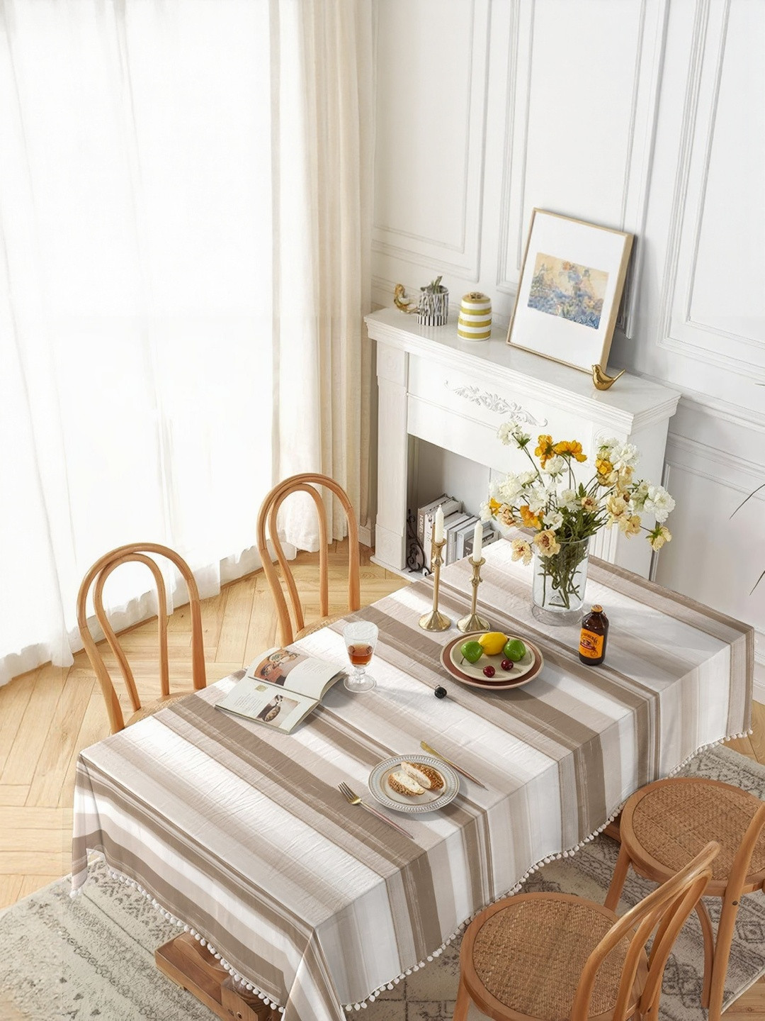 CASABLEU Brown And White Striped 6-Seater Rectangle Table Cover