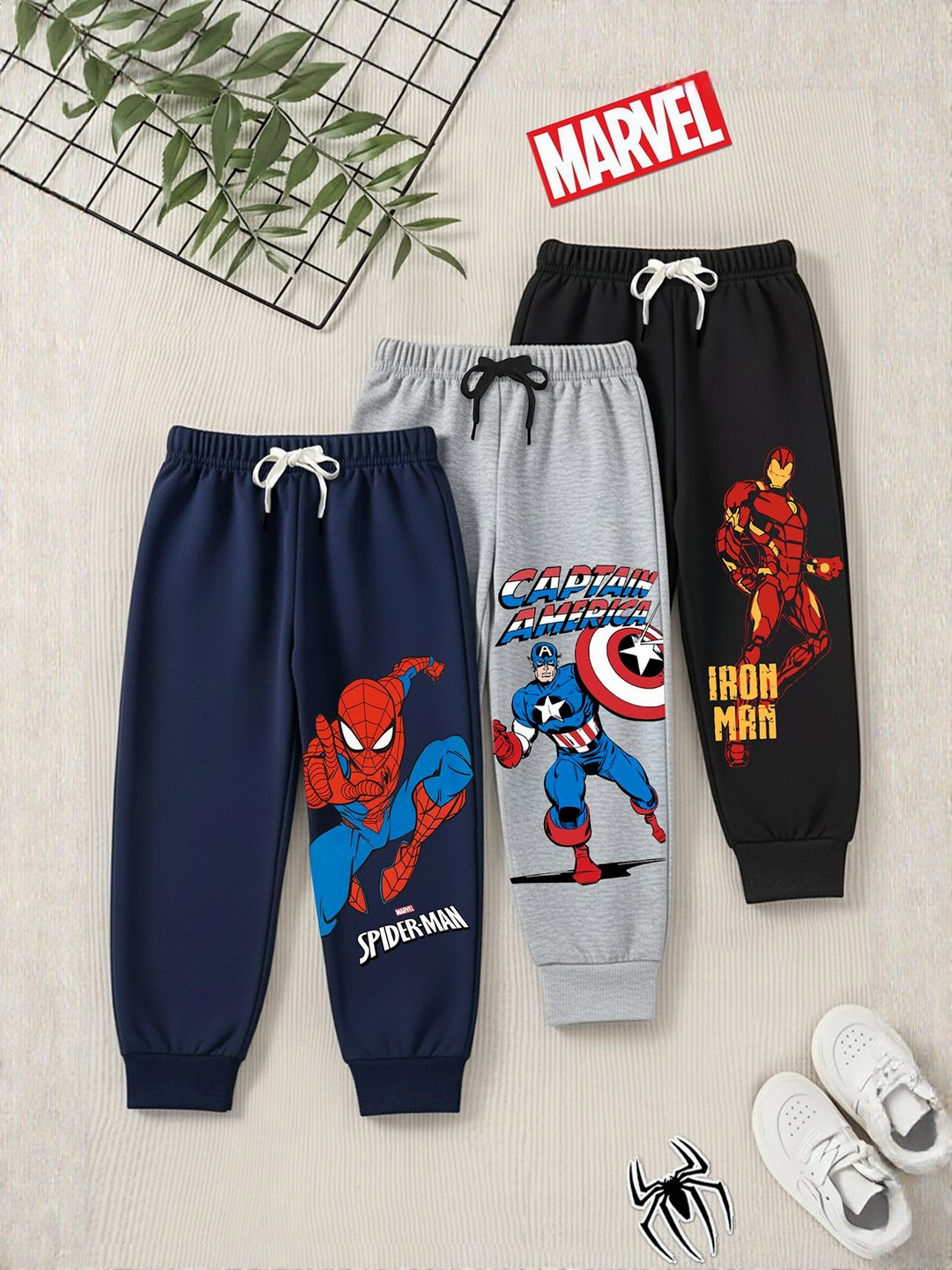 Marvel by Miss and Chief Boys Pack Of 3 Pure Cotton Graphic Printed Mid-Rise Track Pants