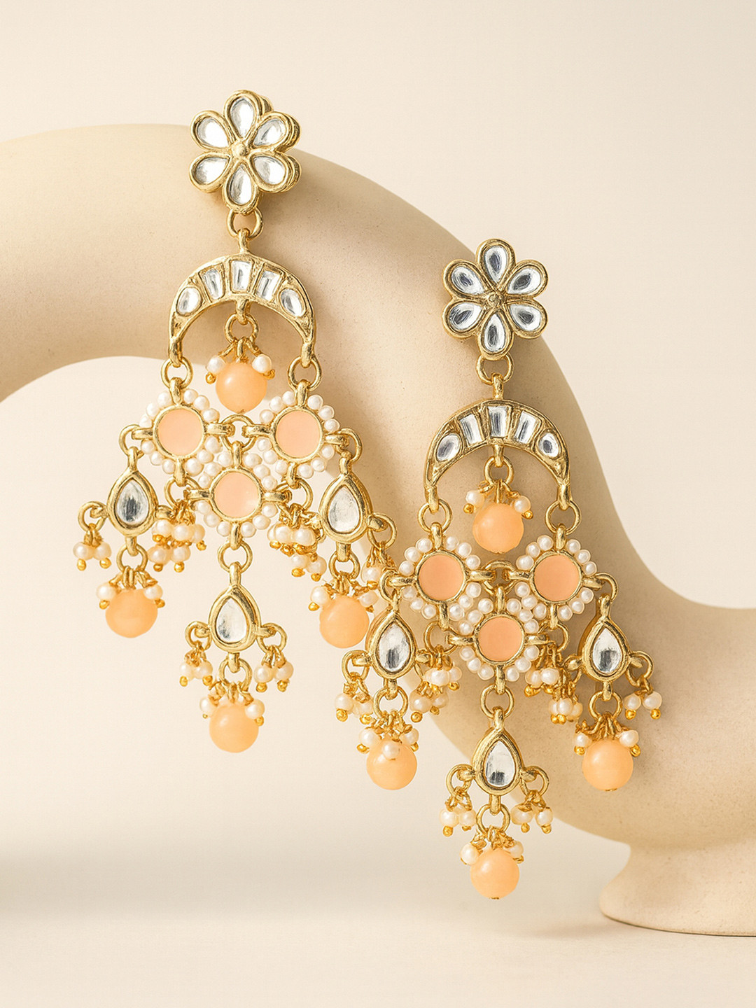 KARATCART Peach-Coloured & Gold-Plated Contemporary Drop Kundan Earrings