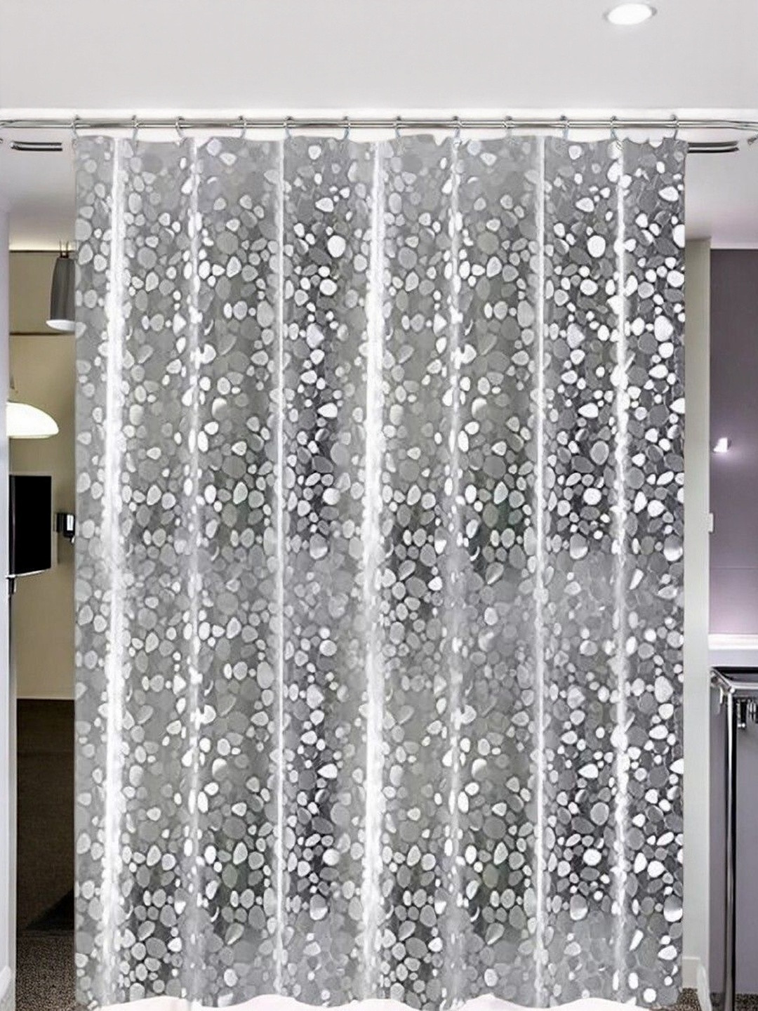 HOME ARK White & Transparent 3 Pieces Bubble Printed 3D Shower Curtains
