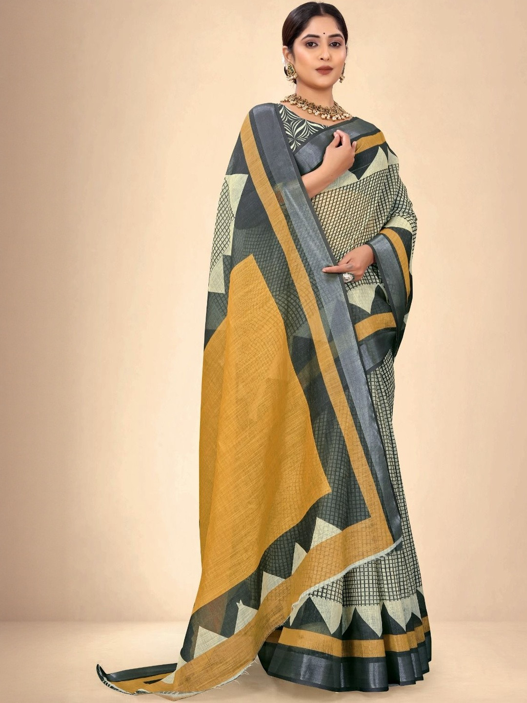 Abhilasha Geometric Printed Pure Linen Block Print Saree With Blouse Piece
