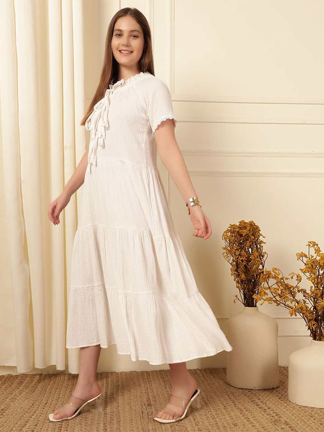 Prizm Aura Tie-Up Neck Tiered Fit & Flare Midi Dress