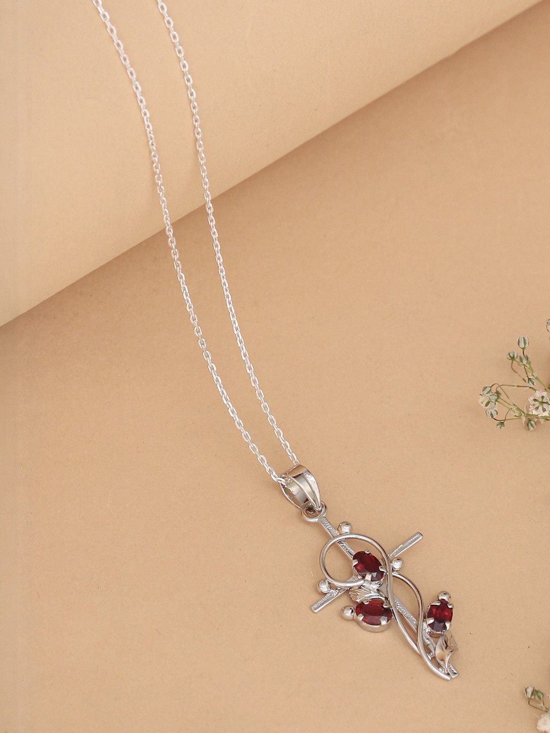 FUSIONARI Women Floral Silver Garnet Pendants with Chains
