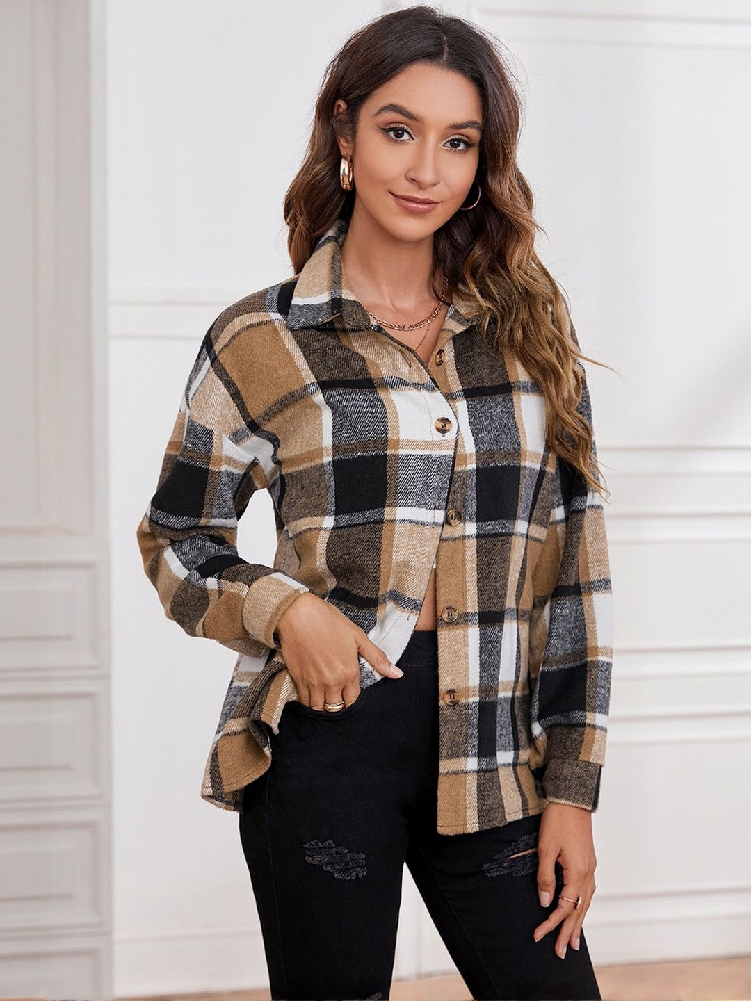 StyleCast x Revolte Checked Spread Collar Flannel Shackets