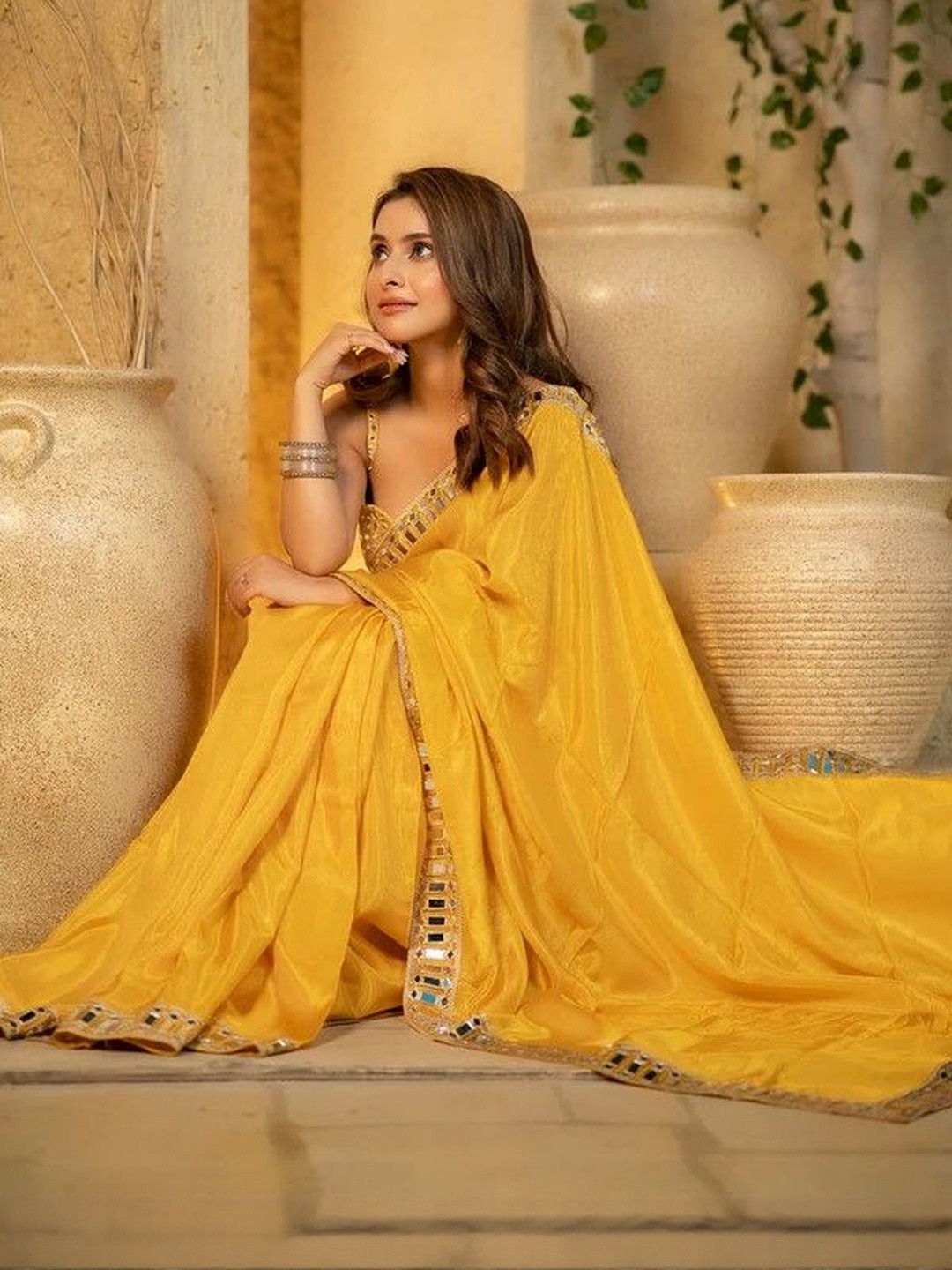 JENA FASHION Mirror Work Silk Blend Heavy Work Banarasi Saree