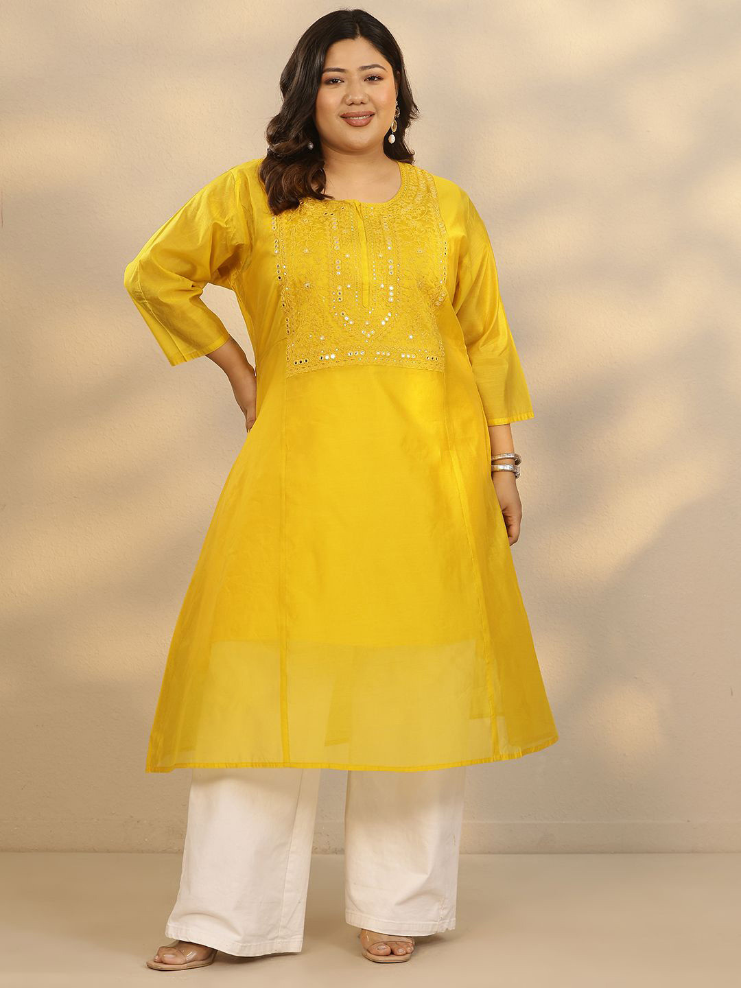 EXTRA LOVE BY LIBAS Plus Size Embellished Yoke Design Mirror Work A-Line Kurta