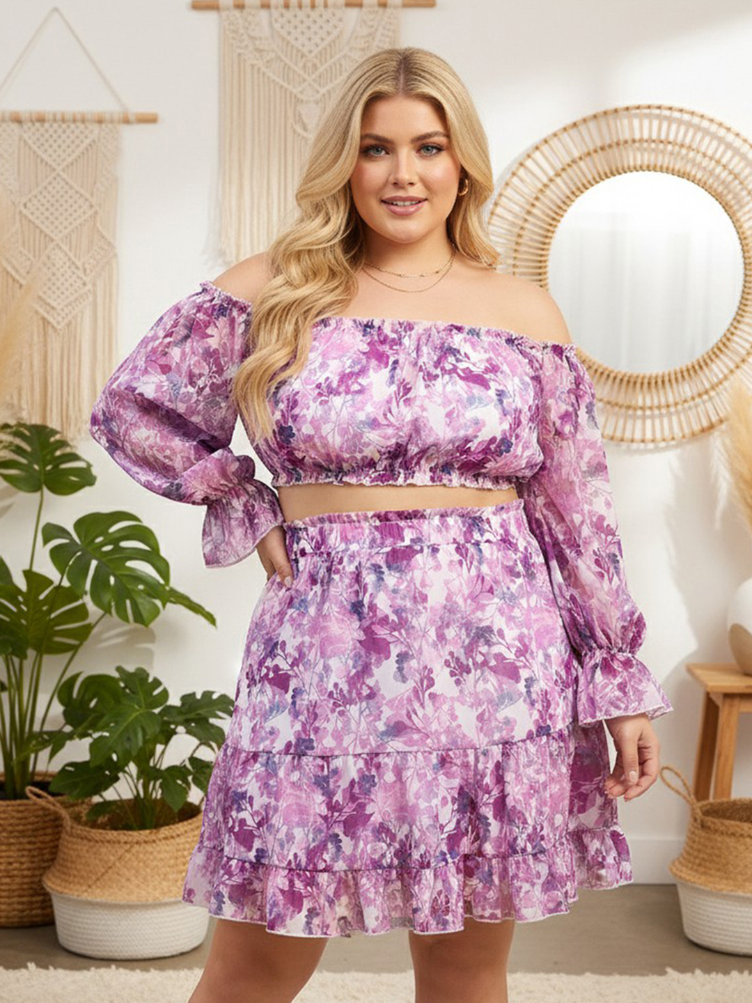 Berrylush Curve Printed Off Shoulder Neck Top With Skirt Co-Ords