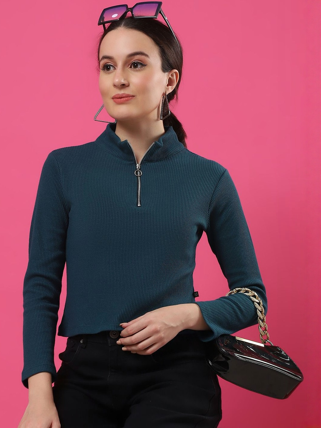 CORSICA Women Teal Waffle Casual Summer Tee Crop Top