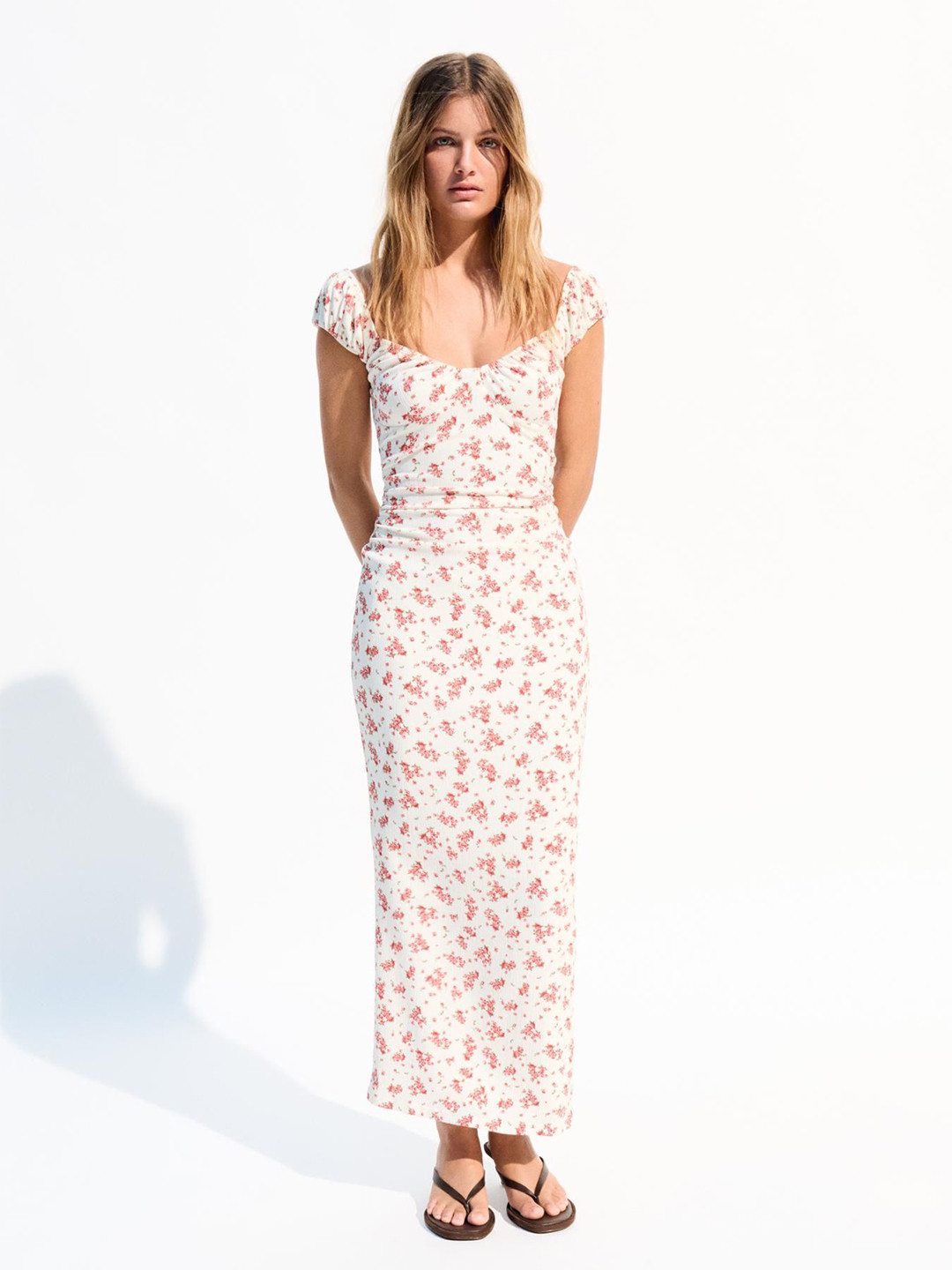 Bershka Floral Print Puff Sleeve Bodycon Maxi Dress