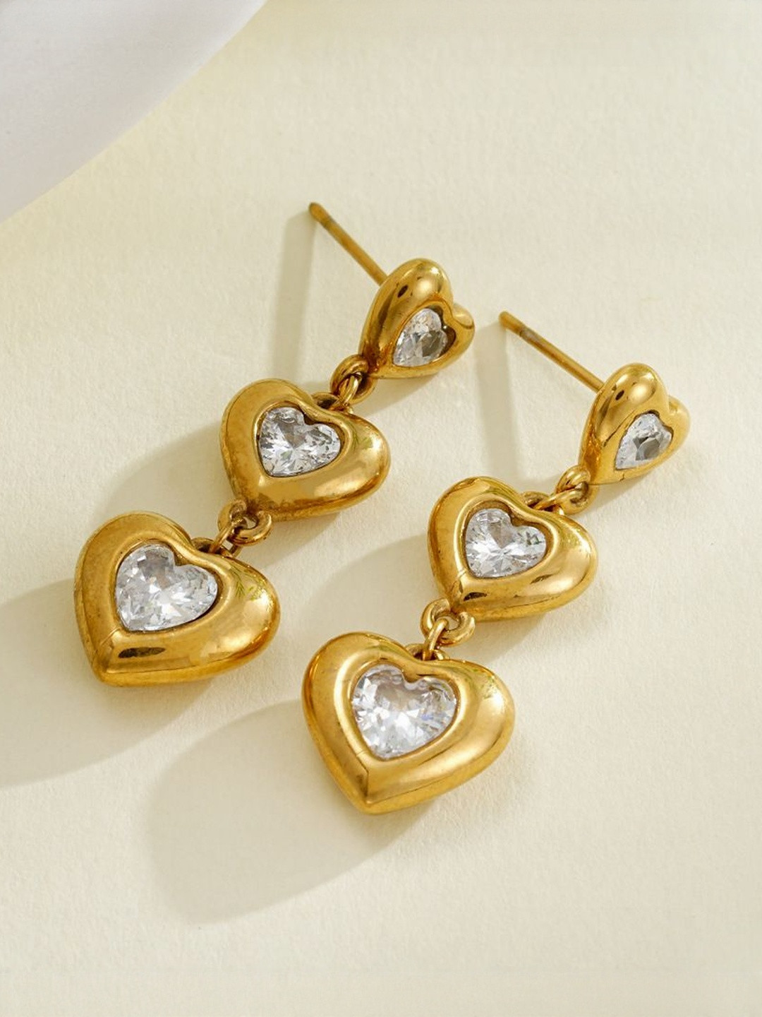 DressBerry Stainless Steel 18k Gold Plated Stones Studded  Heart Shaped Drop Earrings