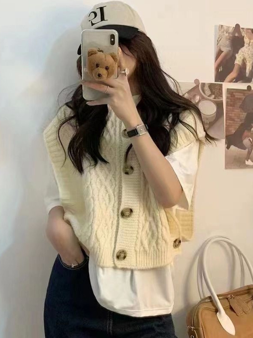 StyleCast x Revolte Women Cable Knit Self Design Shawl Collar Sweater Vests