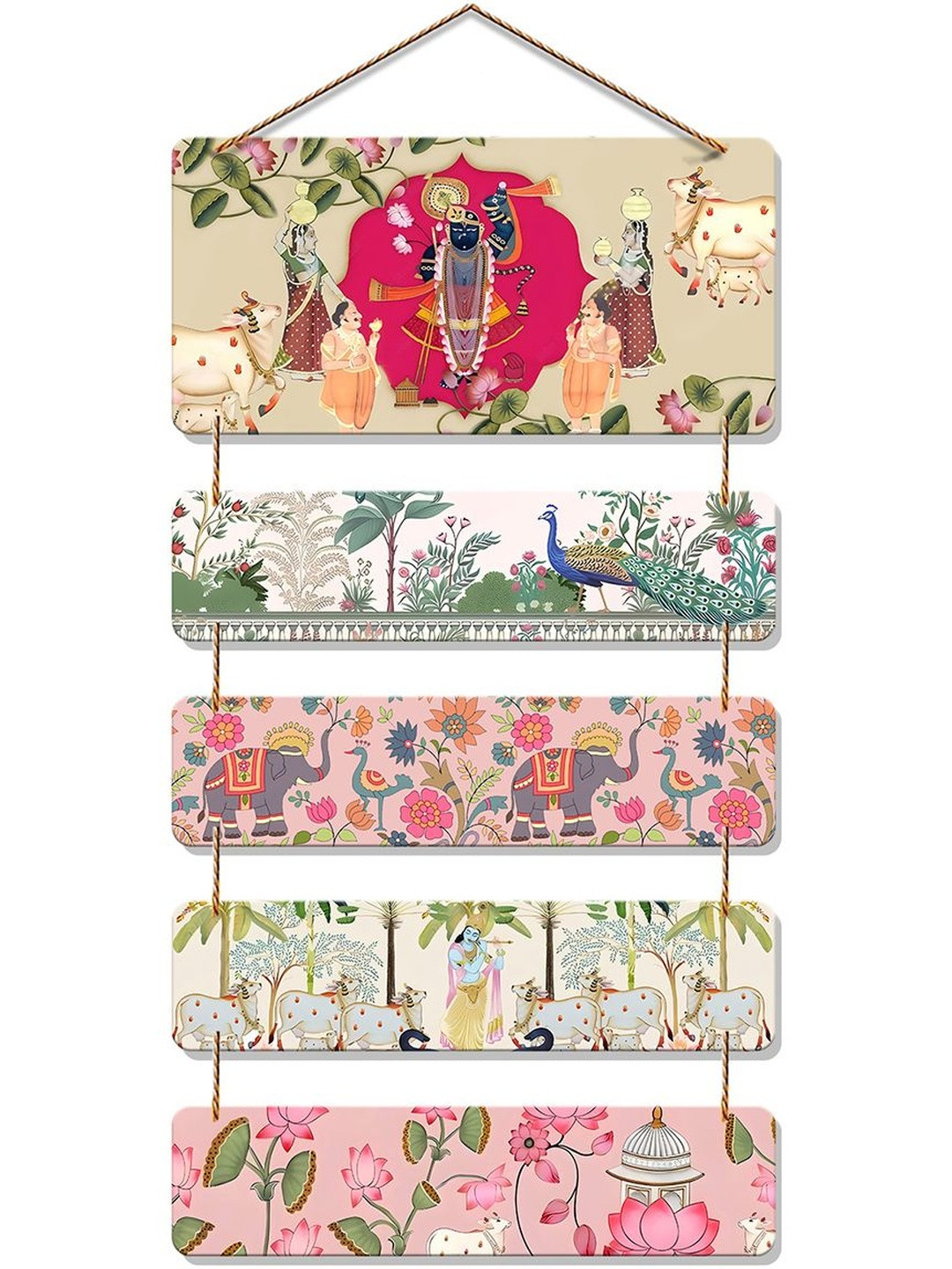 ArtVibes Pink & Green Krishna and Floral Wooden Wall Art