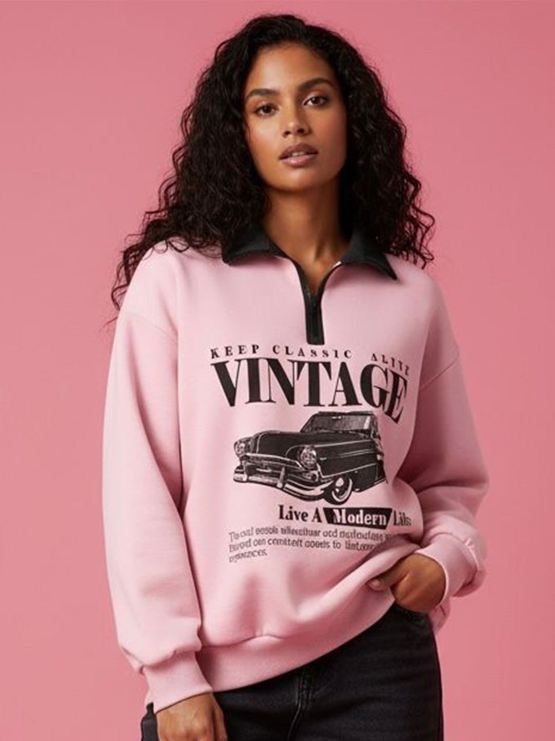 TABADTOD Women Graphic Printed Pullover Half Zipper Sweatshirt