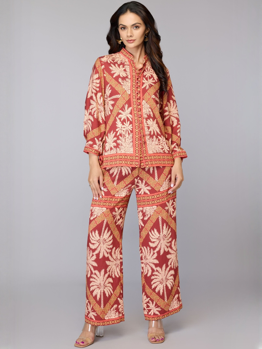 Tamiska By Narendra Kumar Women Palm Printed Relaxed Fit Mid-Rise Trousers
