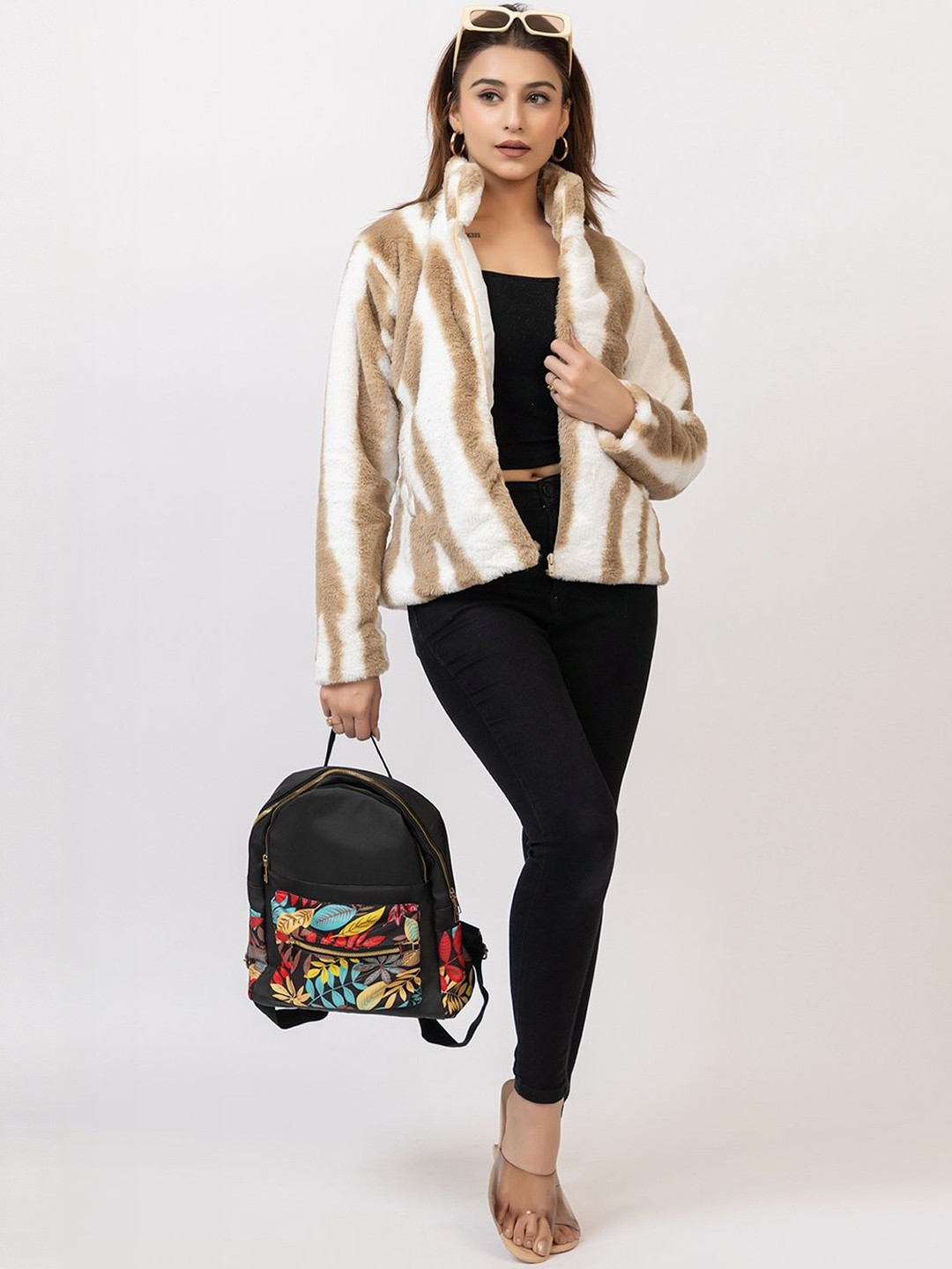 Amoldo Women Mock Collar Animal Printed Lightweight Sherpa Jacket