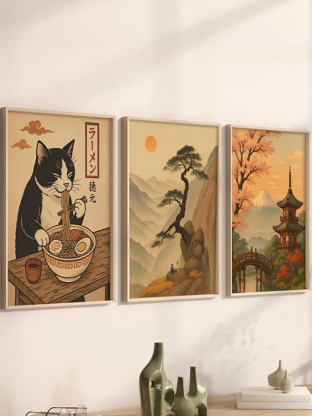 Kotart Brown 3 Pieces Japanese Art Wooden Wall Paintings