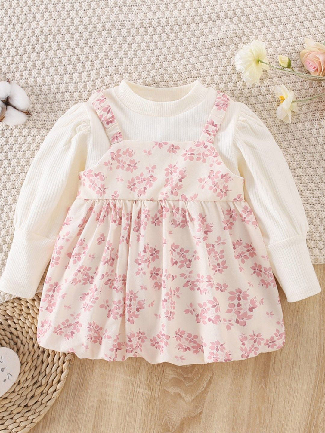 YK Girls Flower Printed Long Cuffed Sleeves Rabbit Ears Pinafore Midi Dress