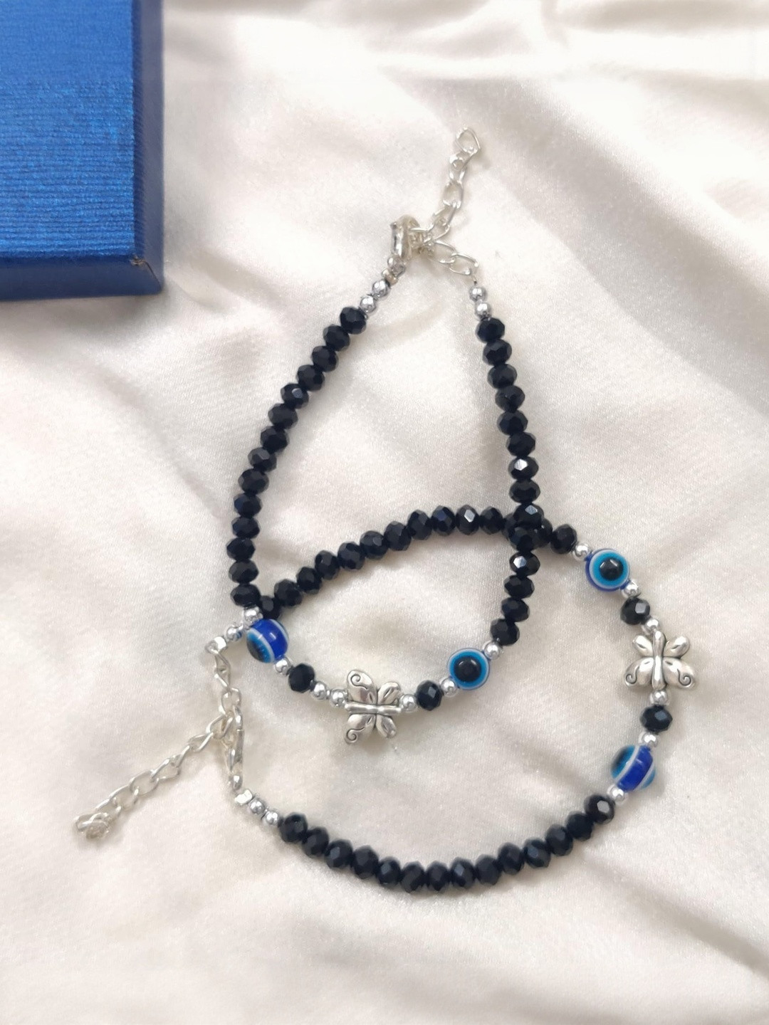 Lovemi Movements Women Evil Eye Black & Silver Butterfly Charm Anklet