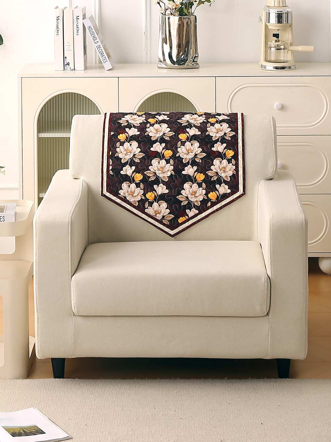 HOKIPO Florentina Series Brown & Orange Floral Printed Velvet Backrest Cover Without Arms