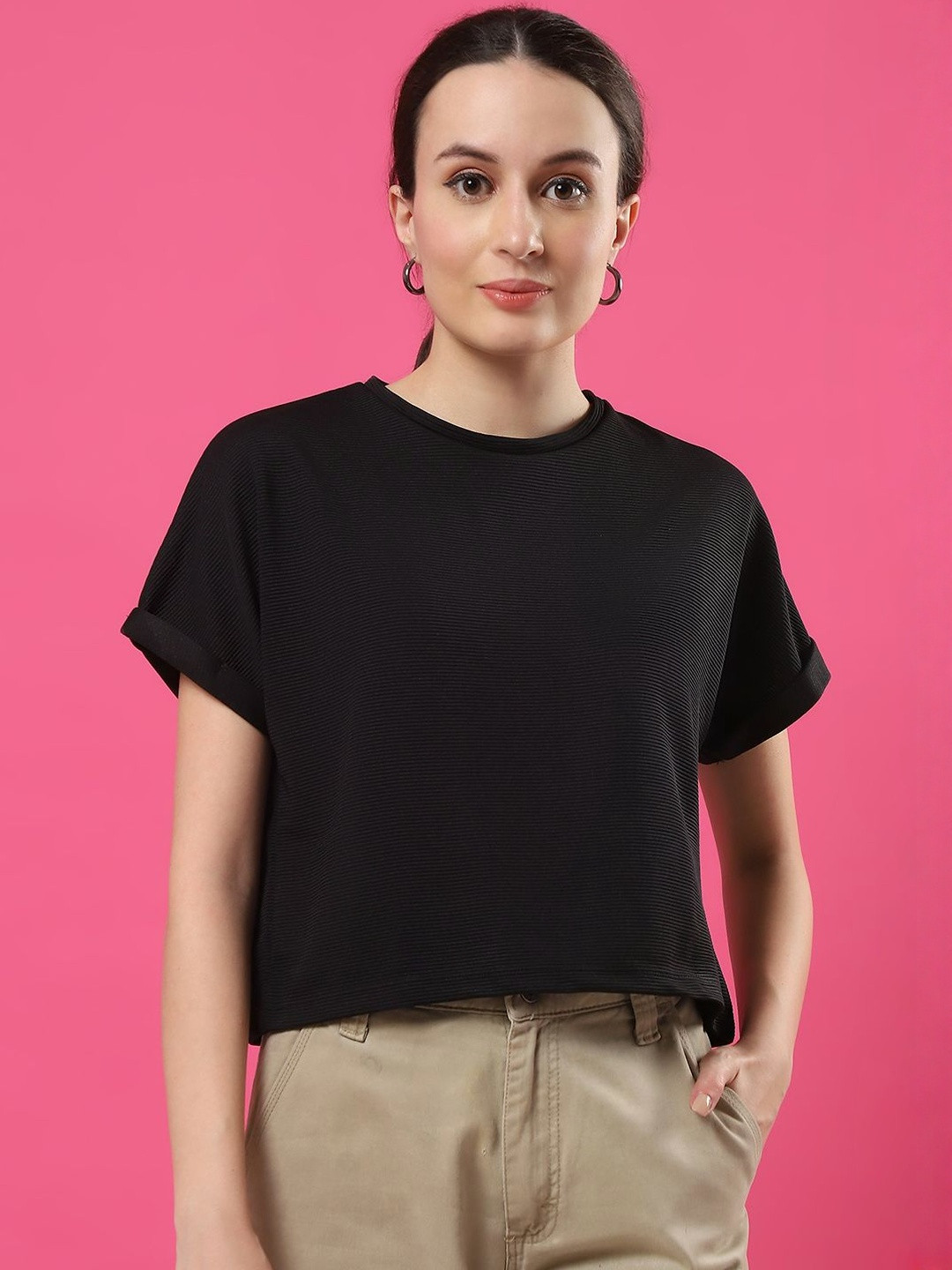 CORSICA Women Ribbed Short Sleeves Cap Sleeves Poly Corduroy Crop Top