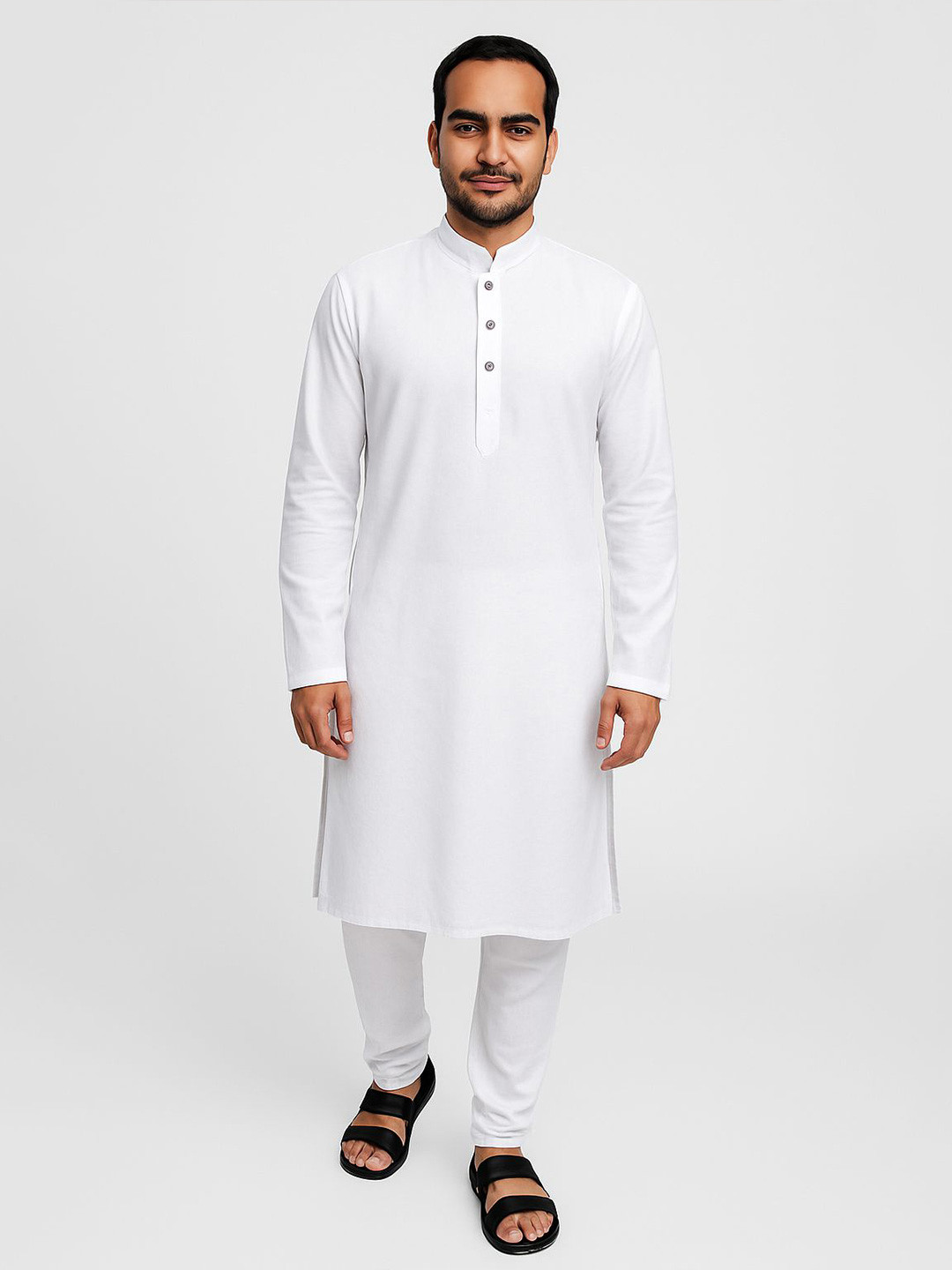 LA'eNviE Long Sleeves Mandarin Collar Cotton Straight Kurta