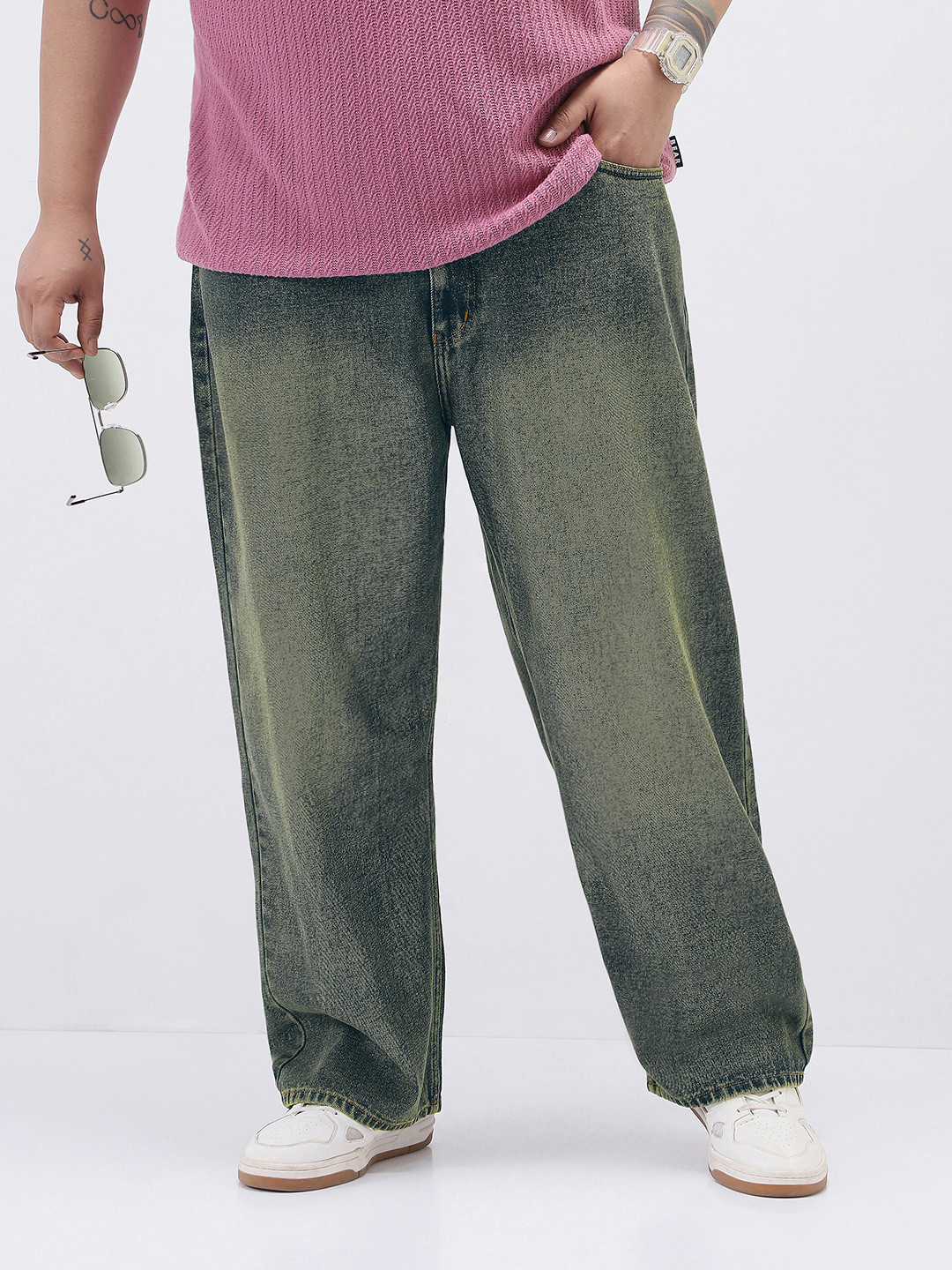 Urbano Plus Men Grey Baggy Fit Heavy Wahsed Non-Stretchable Jeans