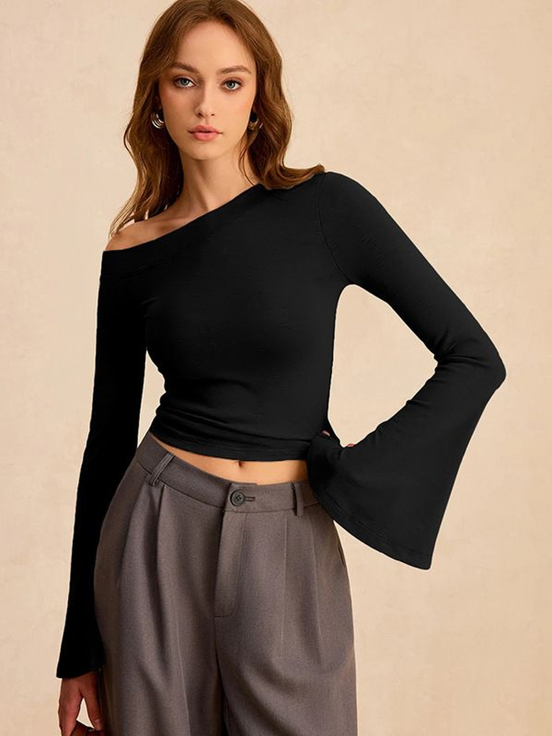 StyleCast x Revolte One Shoulder Bell Sleeves Top