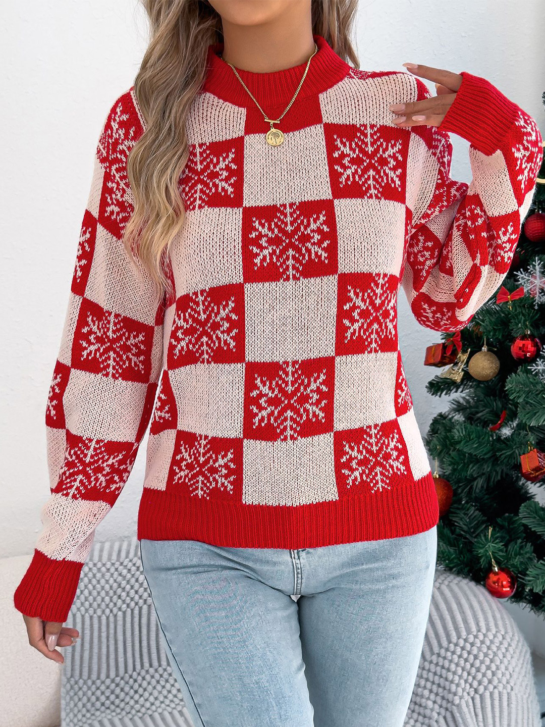HERE&NOW Women Red Checked Round Neck Long Sleeves Pullover Sweater