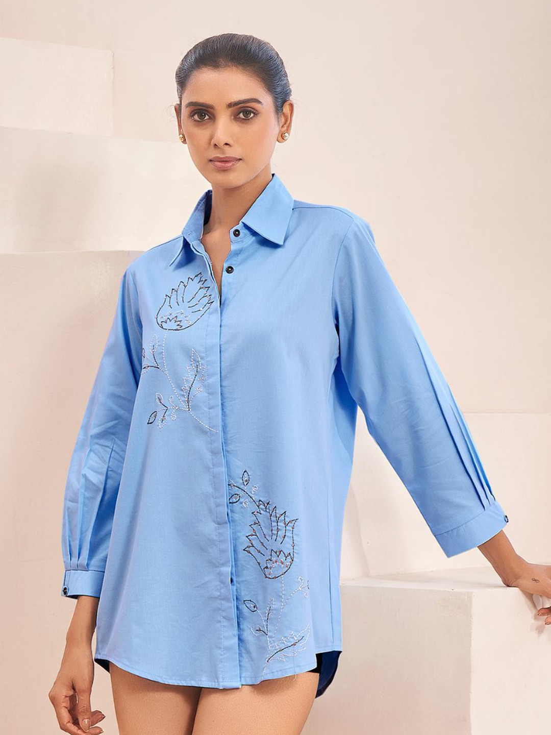 KALINI Women Relaxed Fit Floral Printed Cotton Casual Shirt with Thread Work Embroidery