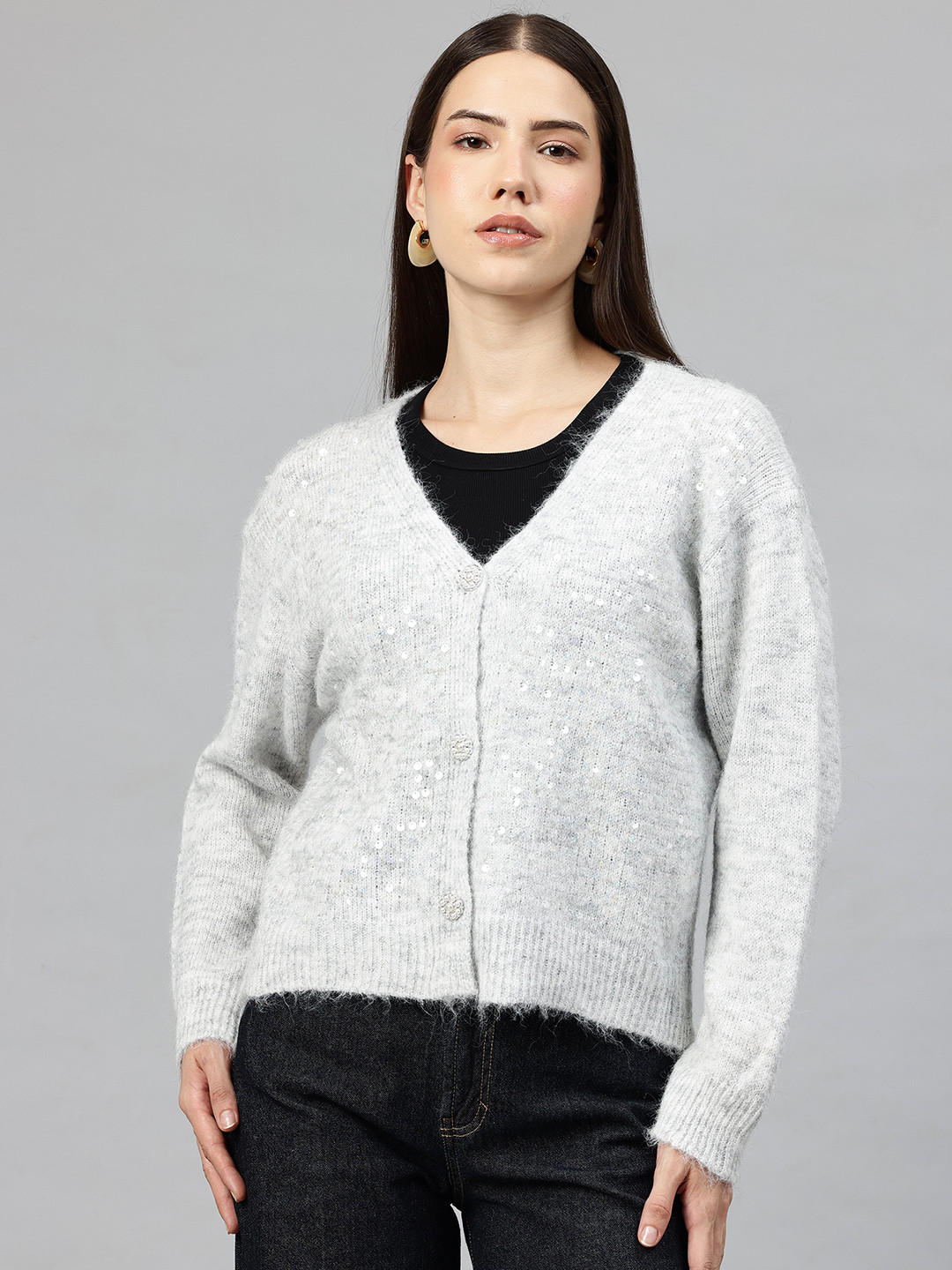 Pierre Carlo Sequinned Embellished V-Neck Button-Down Cardigan with Fuzzy Detail