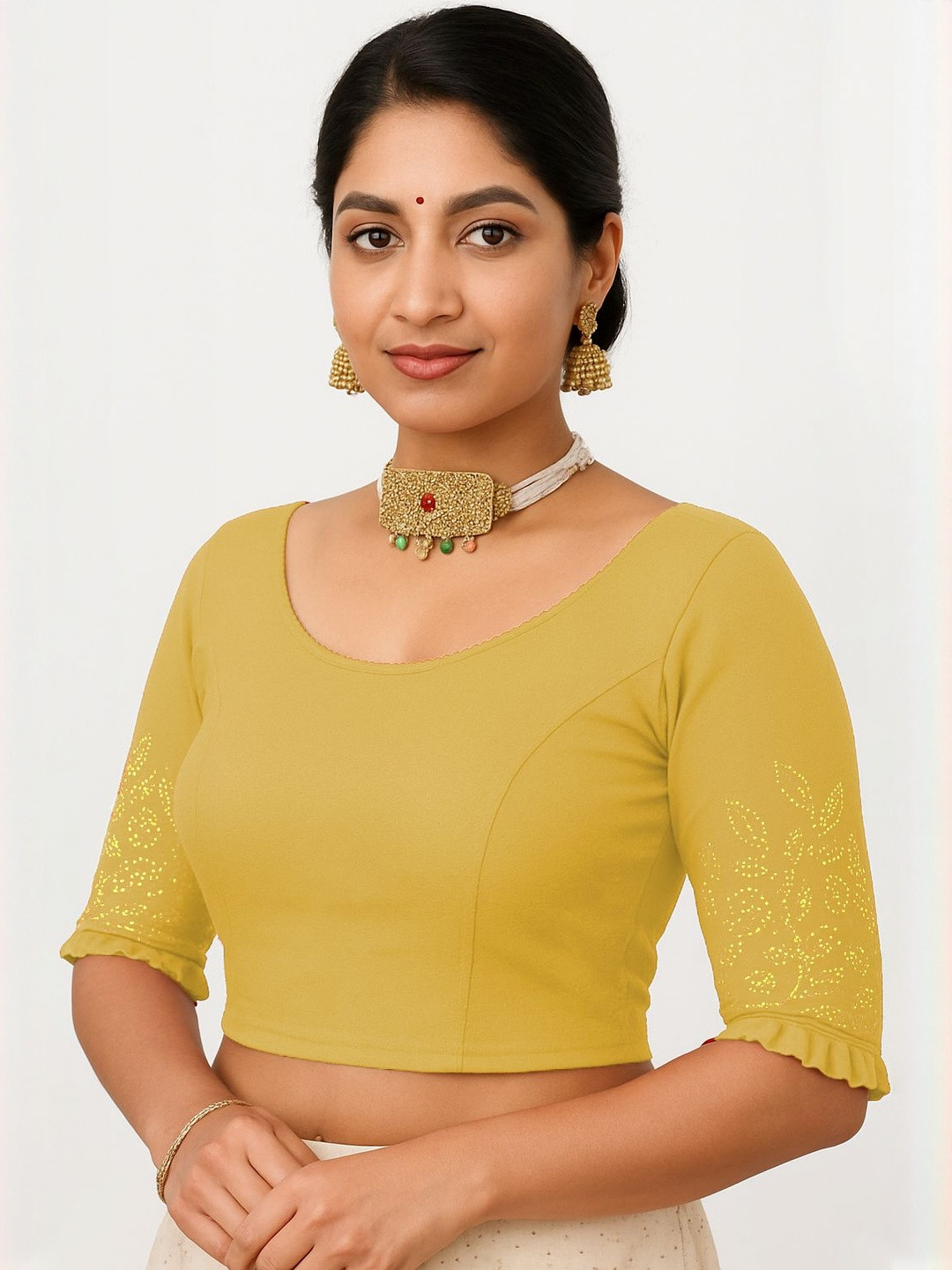 PU FASHION Women Stylish Readymade New Stone Work Design Strechable Lycra Blouse