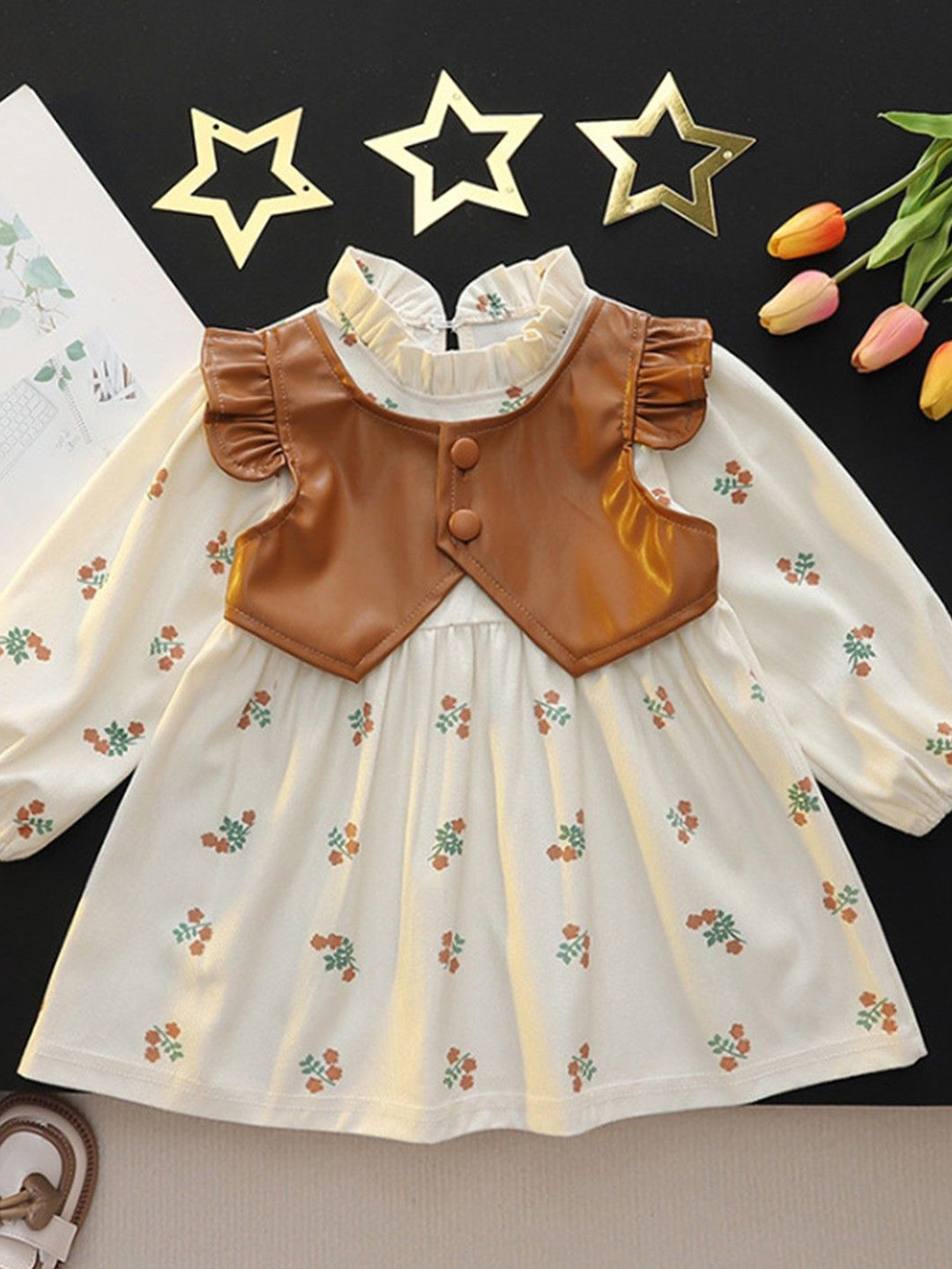 YK flower print fake two-piece princess dress Fit and Flare Midi Dress