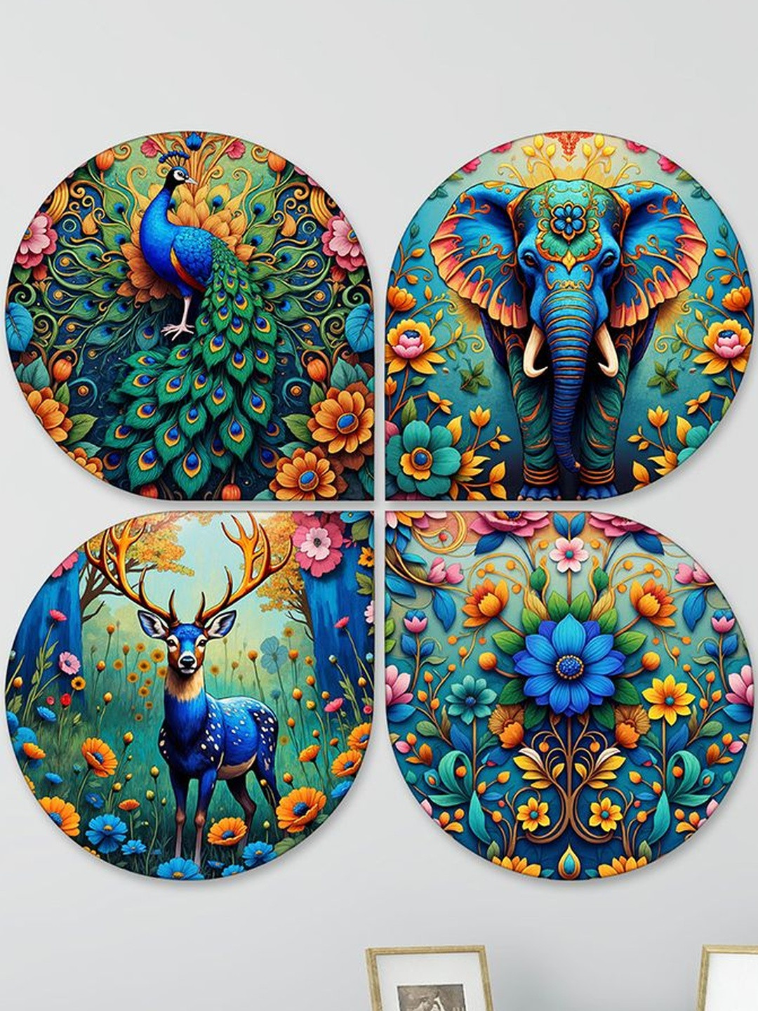 ArtVibes Set of 4 Brown & Blue Printed Nature Theme Wooden Wall Hangings