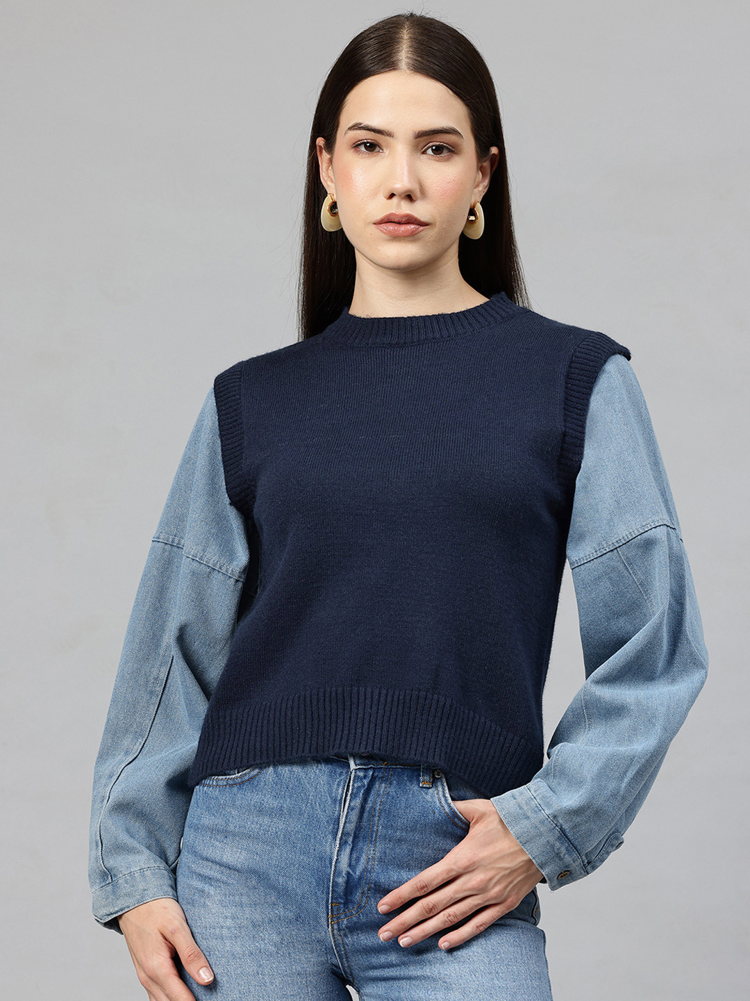 Pierre Carlo Ribbed Paneled Denim Detail Pullover