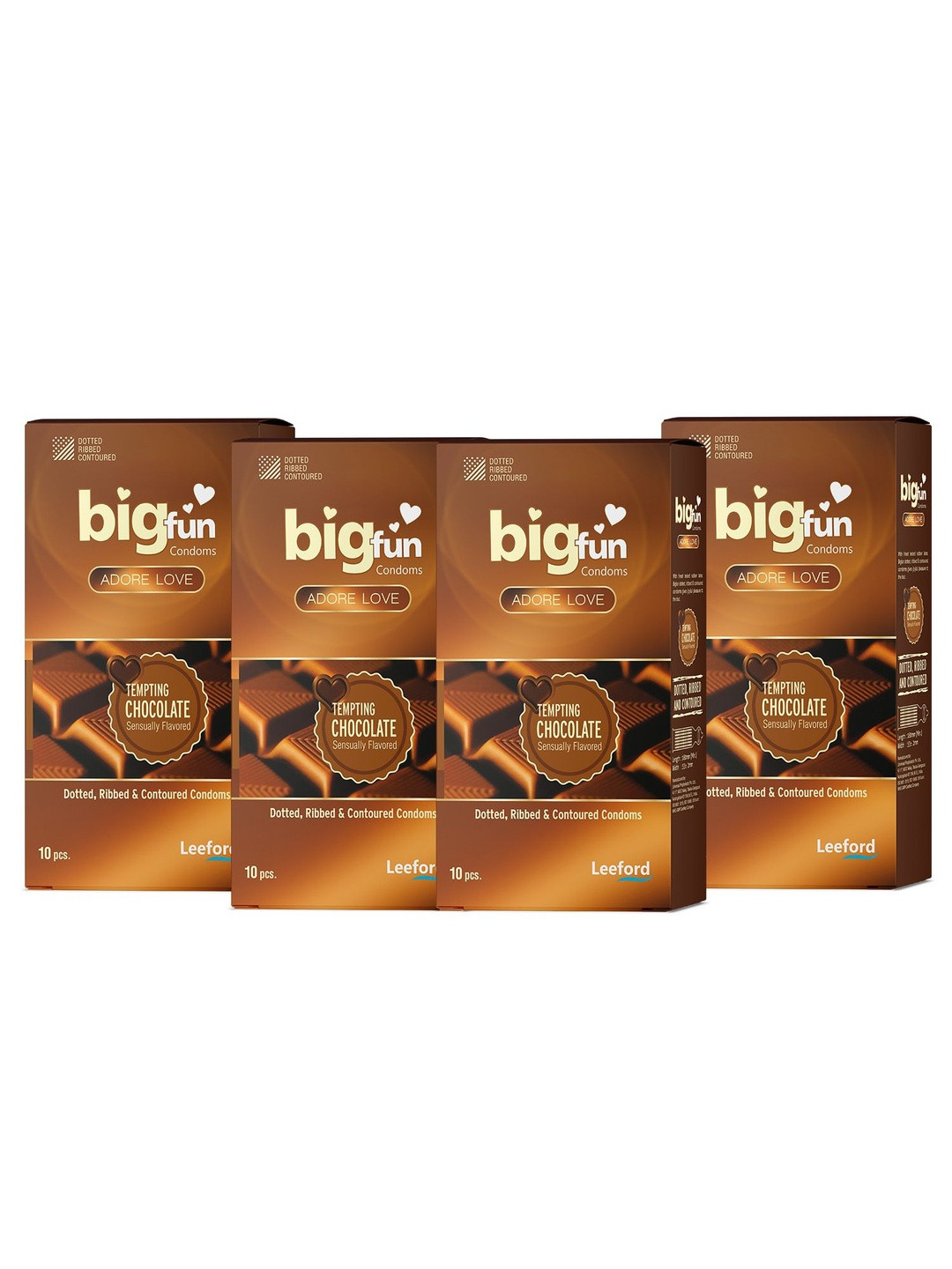 BIGFUN Set Of 4 Dotted, Ribbed & Contoured Condoms - Chocolate - 10 Pieces Each