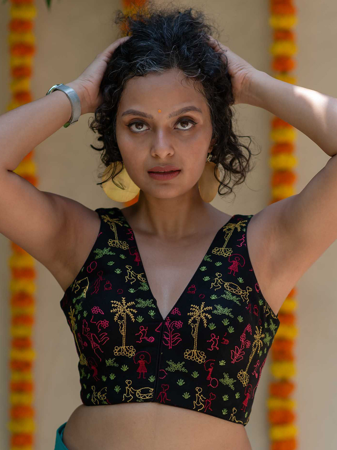 Suta Black Cotton Sleeveless Embroidery Blouse With V Neck